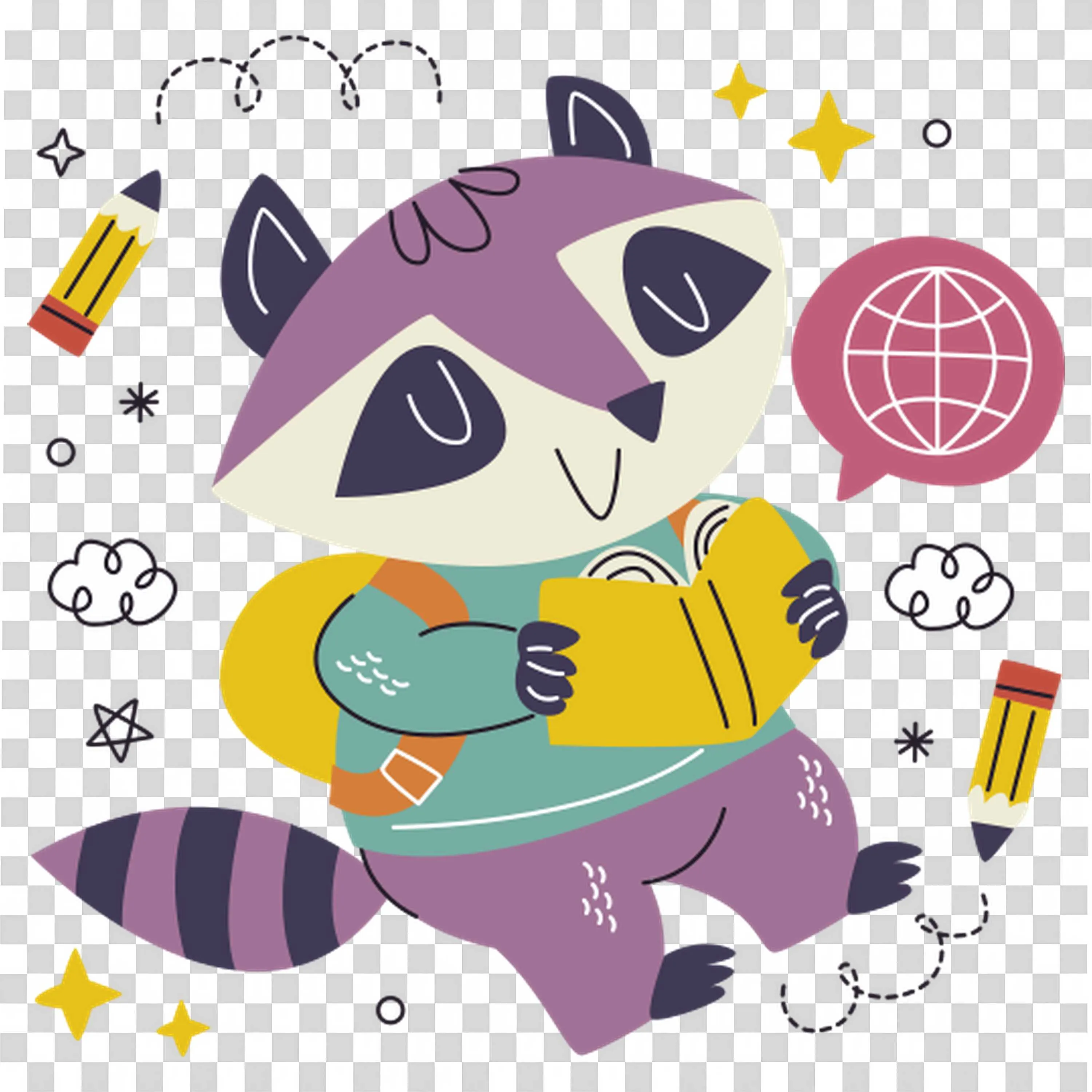 Happy Raccoon Reading Books and Relaxing On a Purple Sofa
