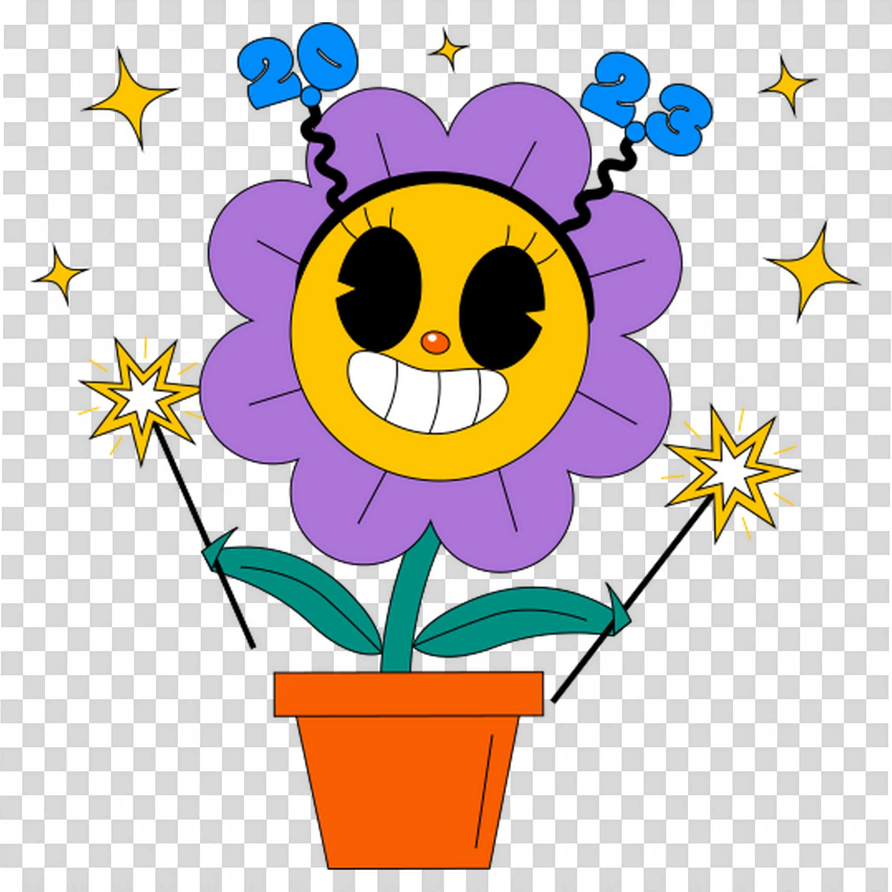 Happy Smiling Flower Character with Sparkles and Glow