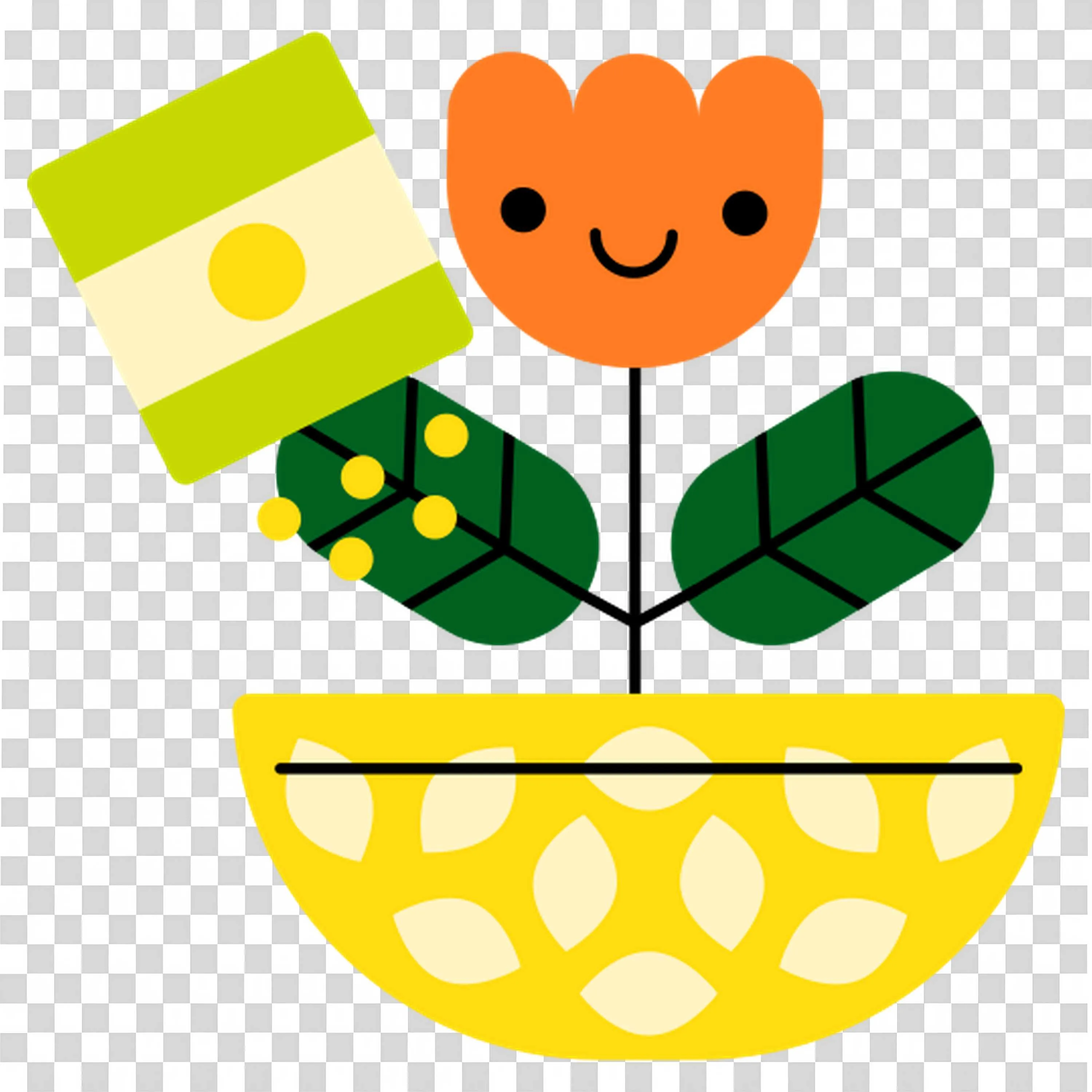 Happy Smiling Flower Growing in Yellow Patterned Pot