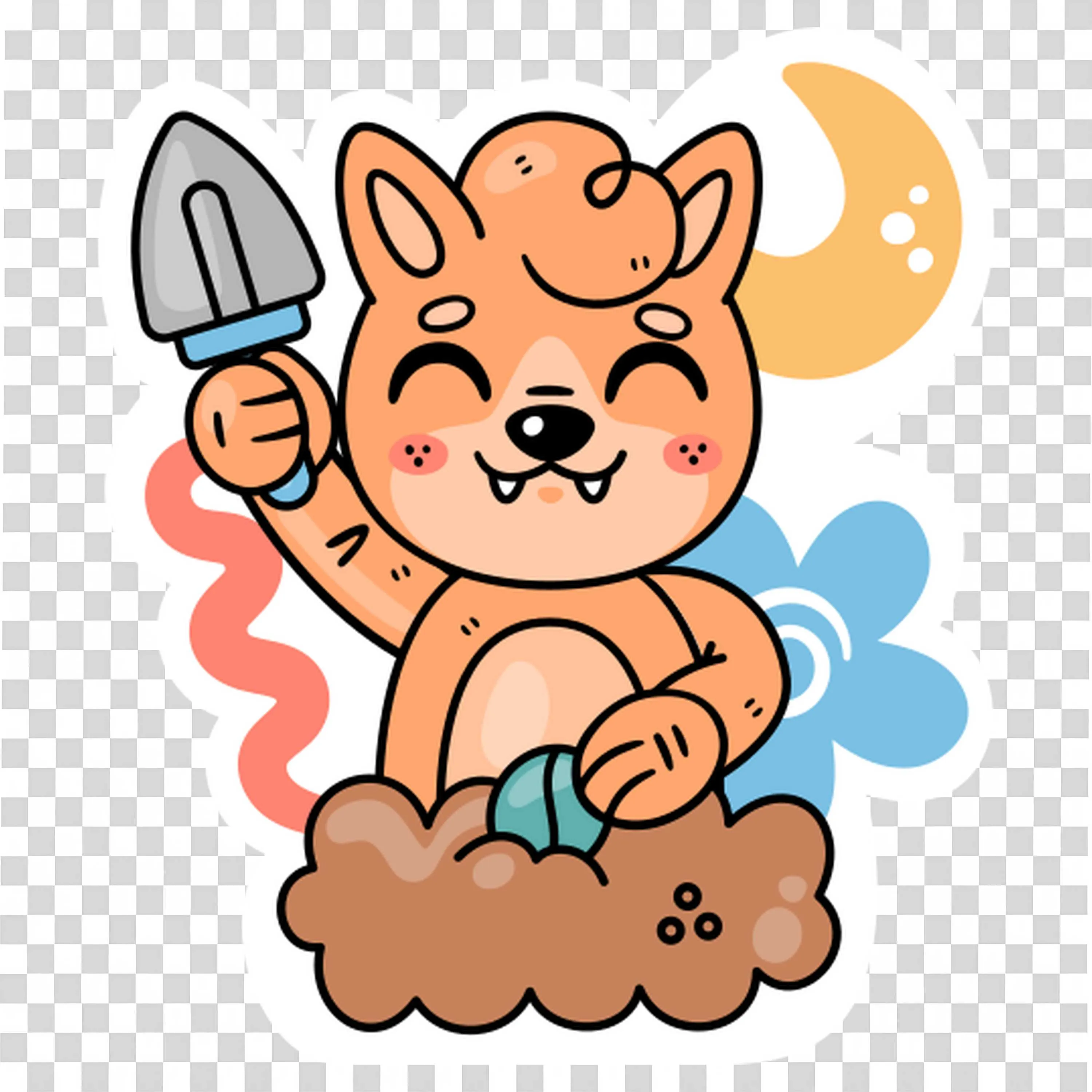 Happy Squirrel Digging with Shovel Under Crescent Moon