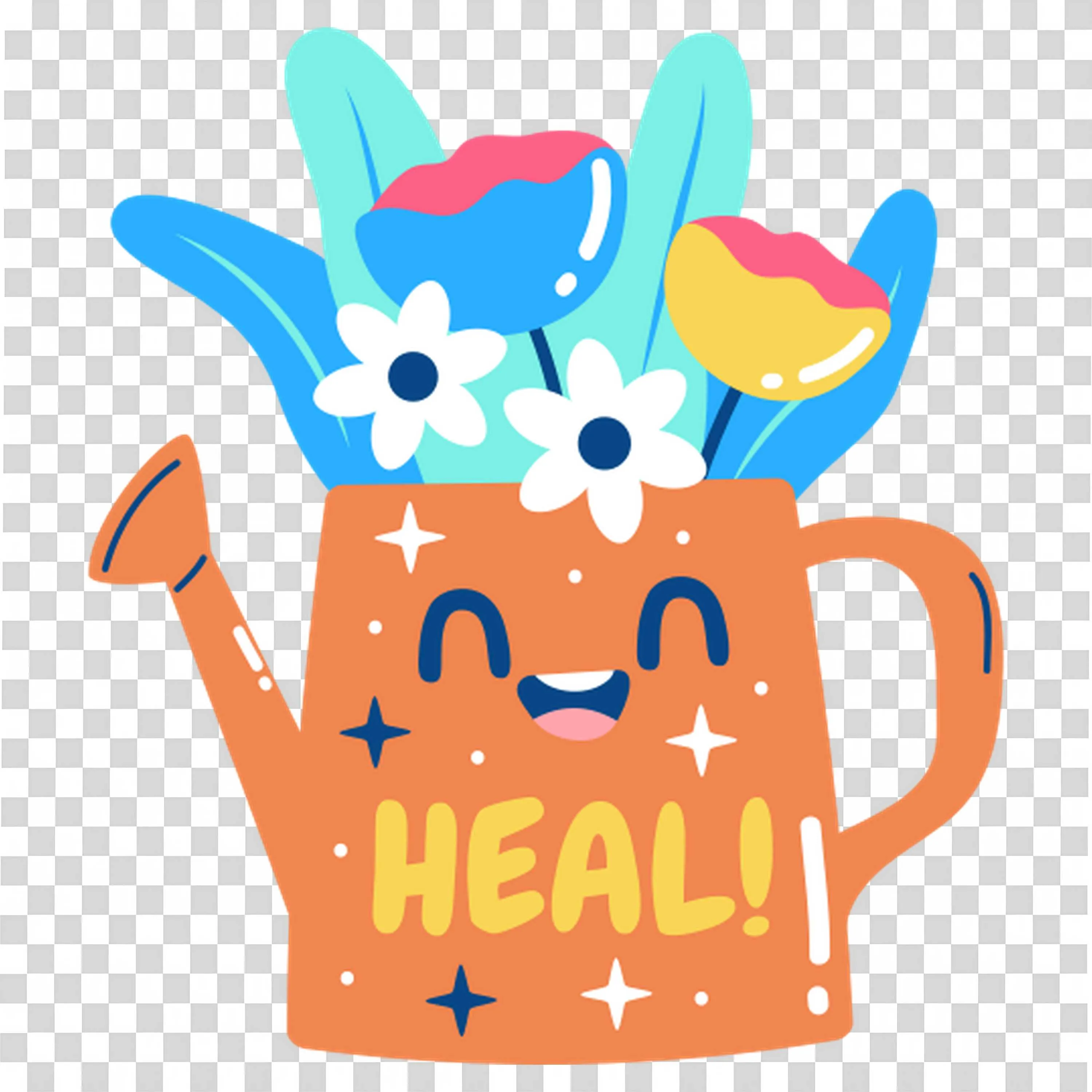 Happy Watering Can Filled with Healing Blue Flowers