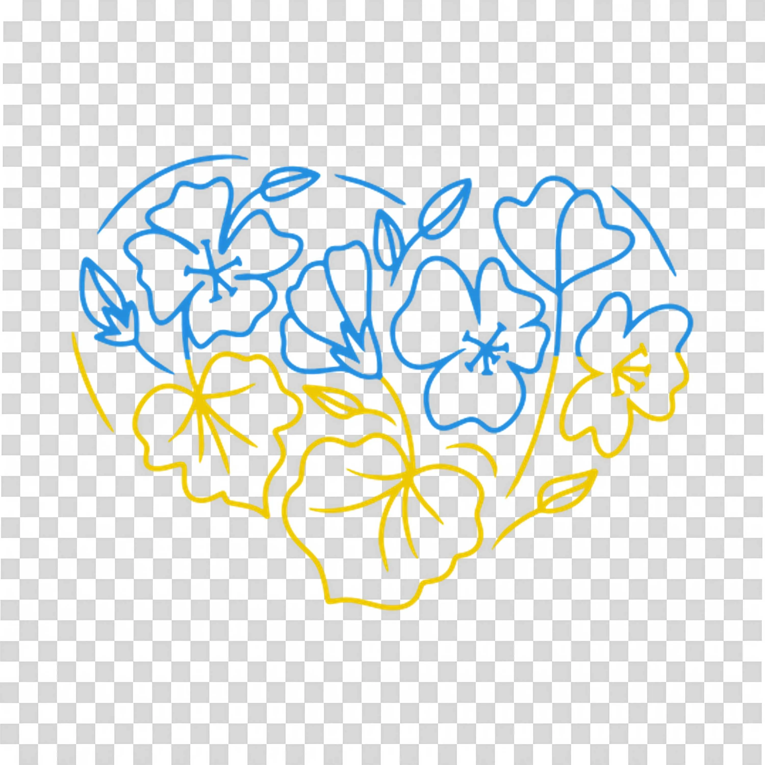 Heart Shaped Bouquet Of Blue and Yellow Flowers Line Art PNG