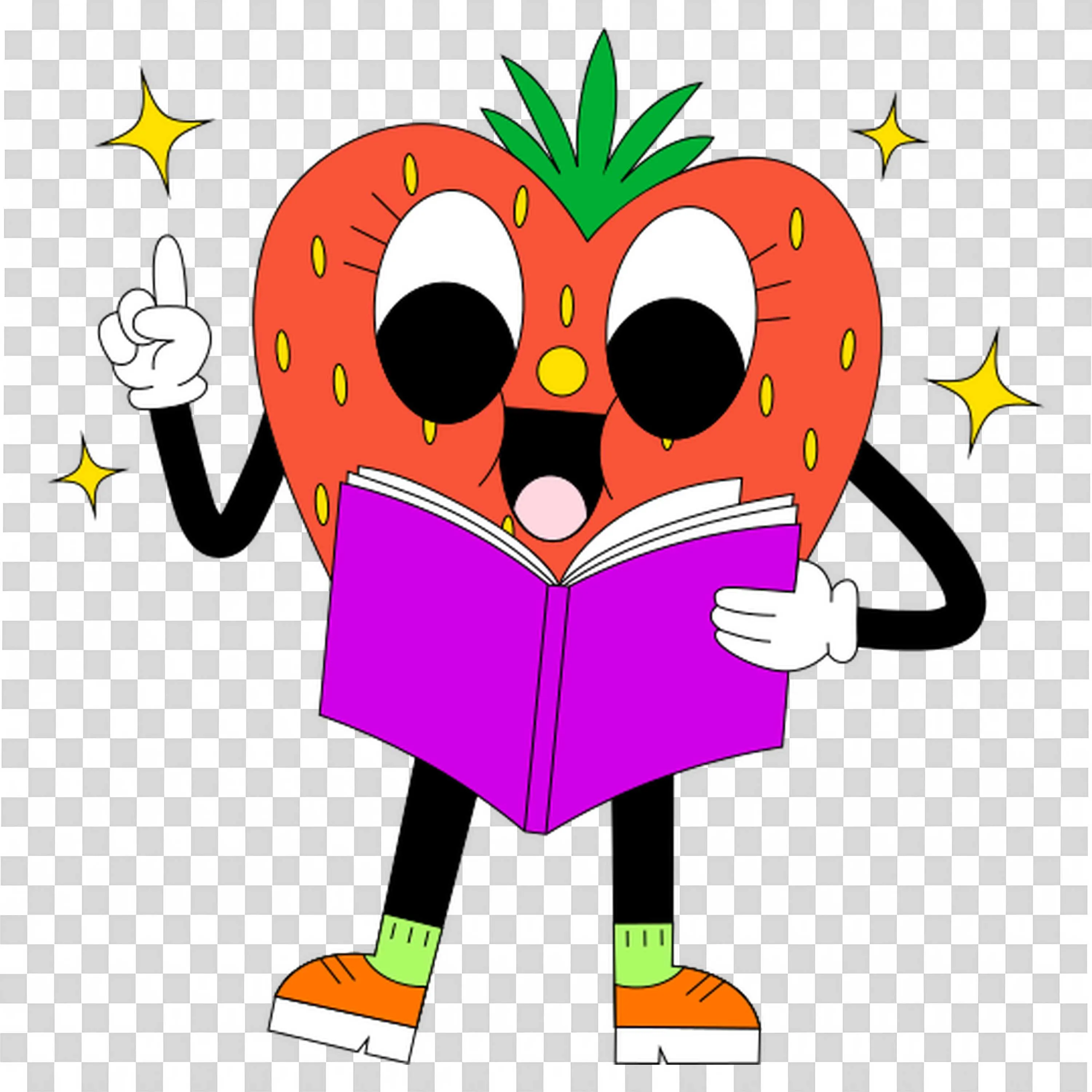 Heart Shaped Fruit Reading Purple Book with Smile and Arms