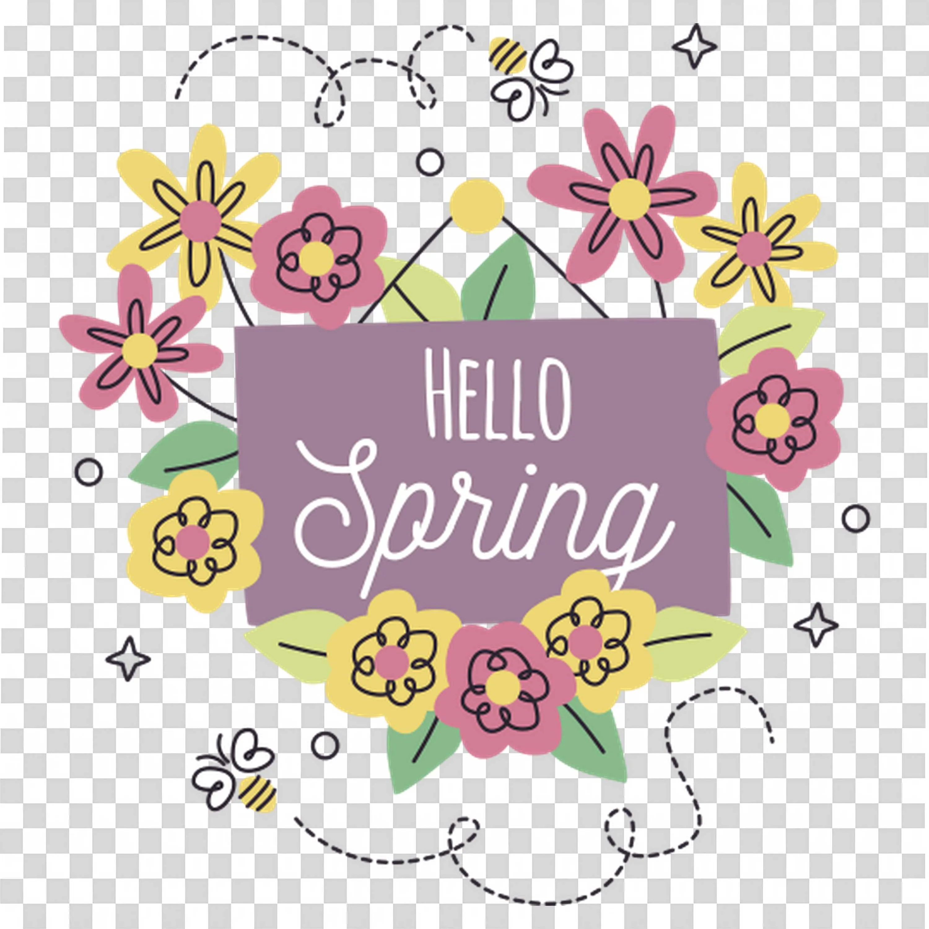 Hello Spring Floral Design with Decorative Flowers Art