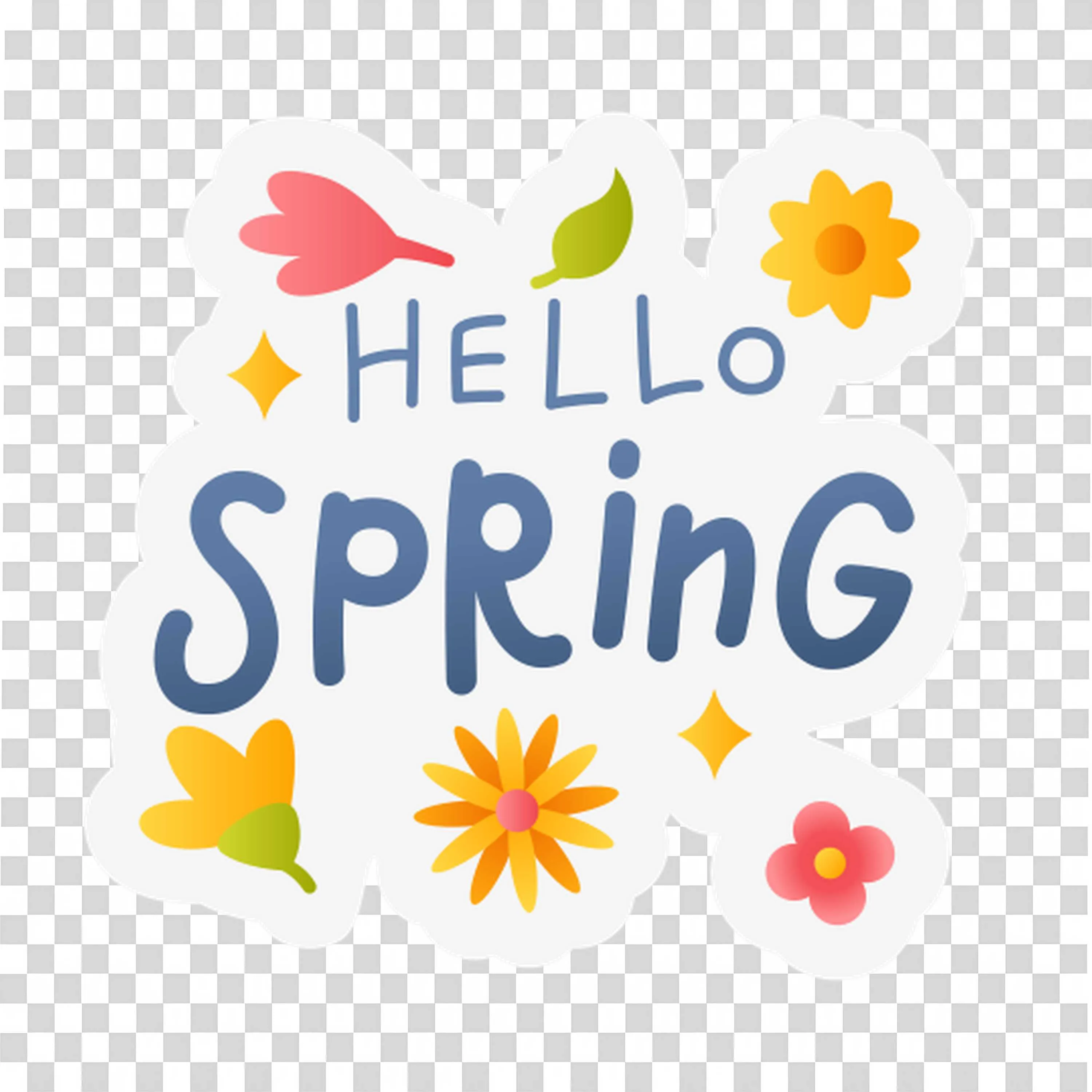 Hello Spring Text with Flowers and Colorful Decorations