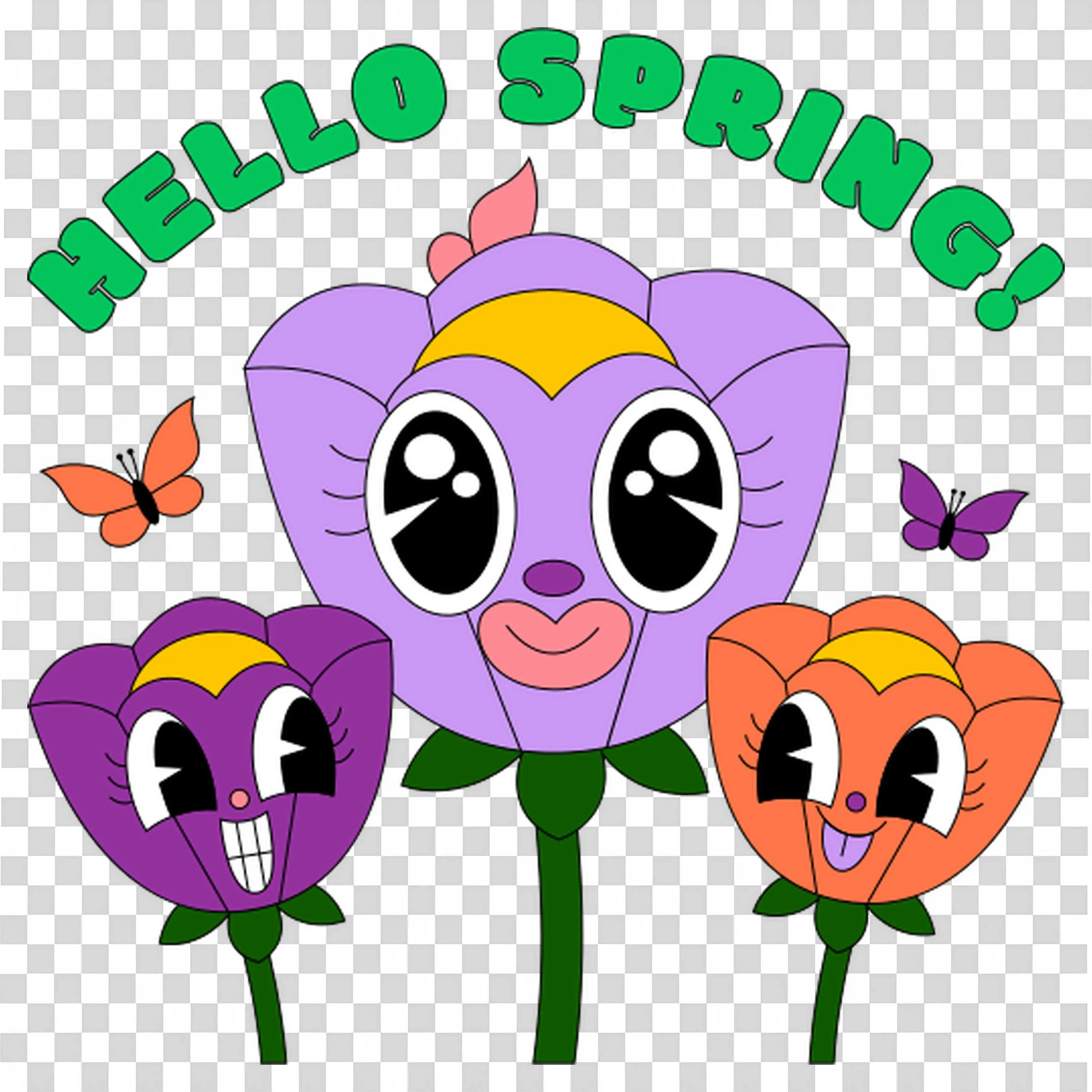 Hello Spring with Smiling Flowers and Butterflies PNG