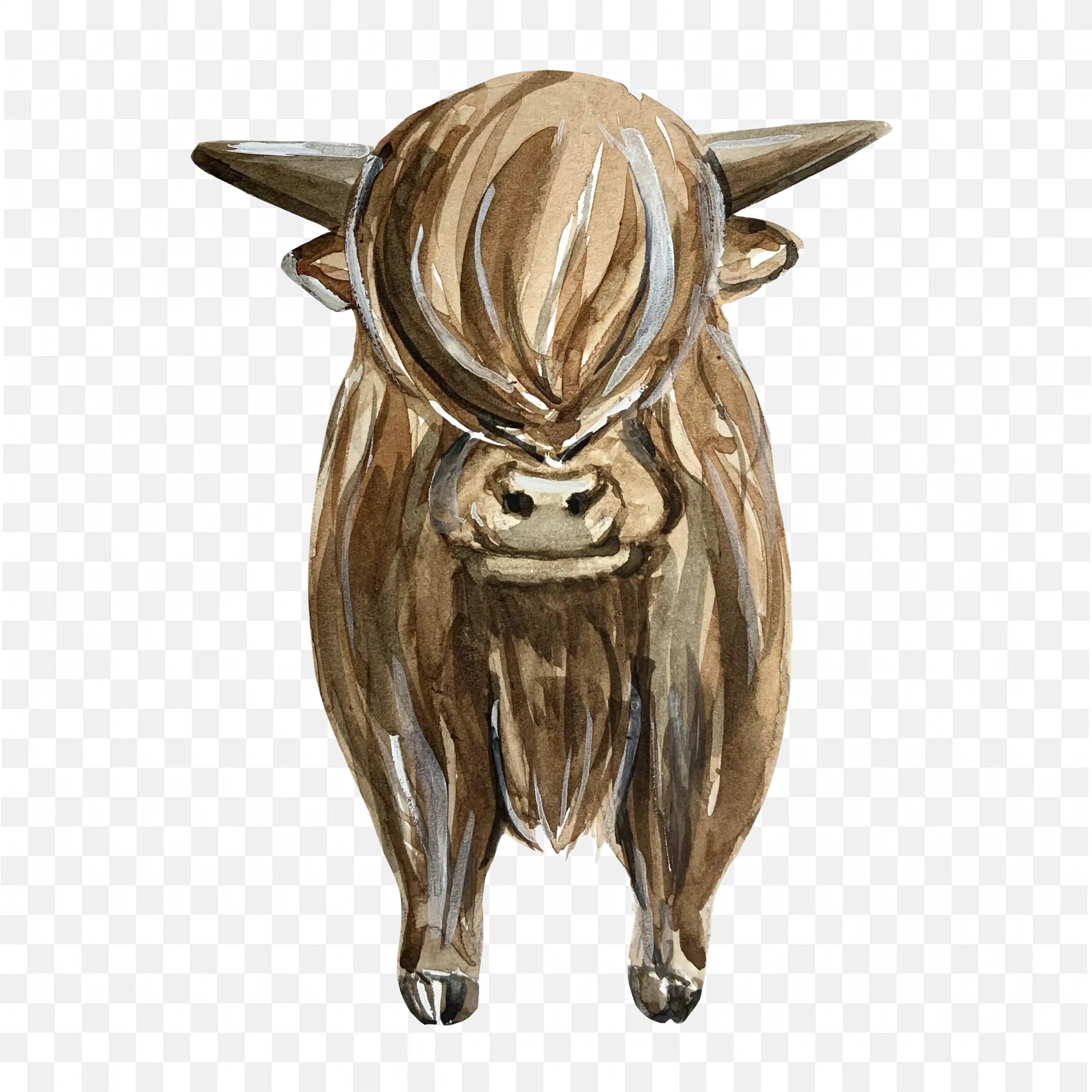 Highland Cow Standing with Horns Brown Beast PNG Art