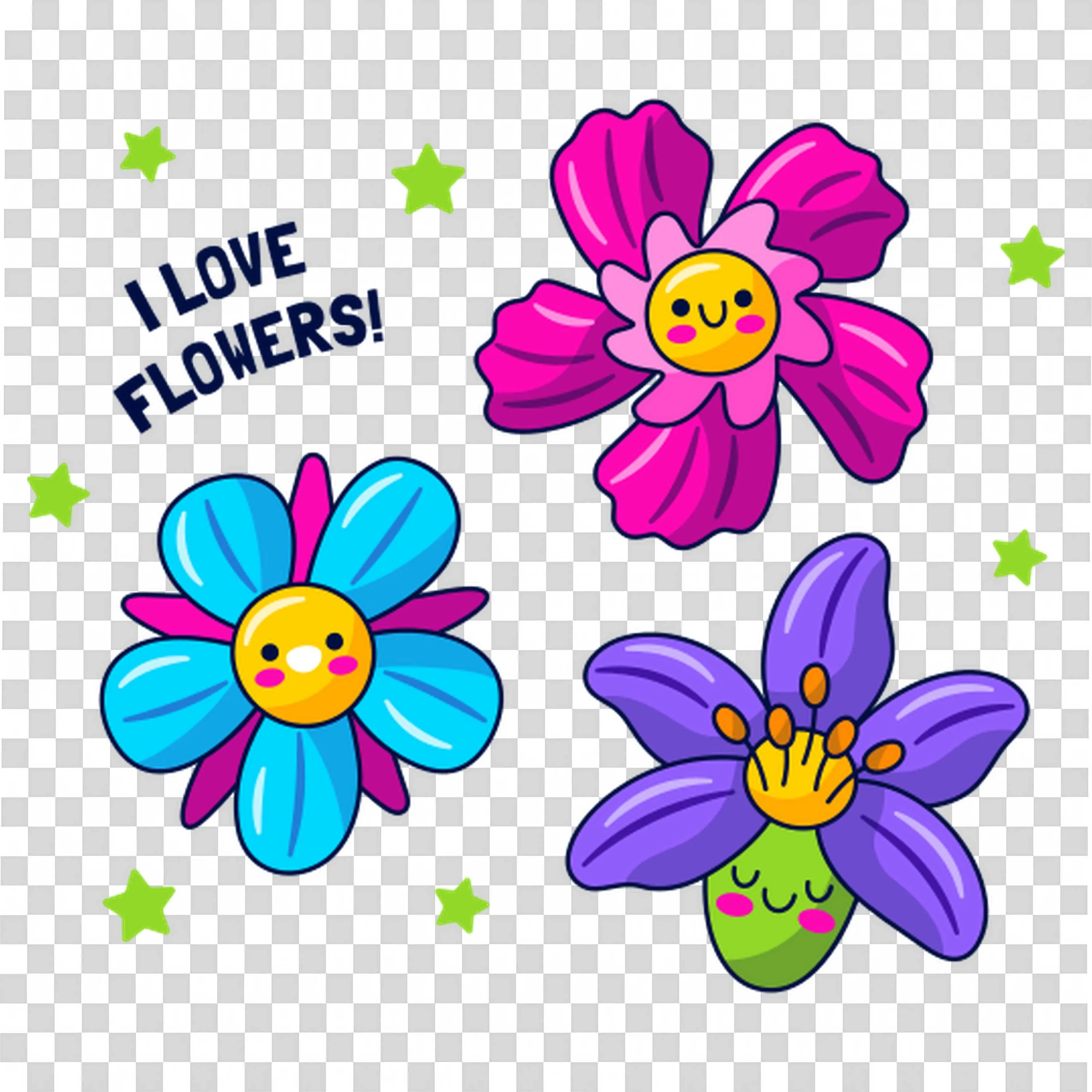 I Love Flowers Text with Smiling Flower Face Image