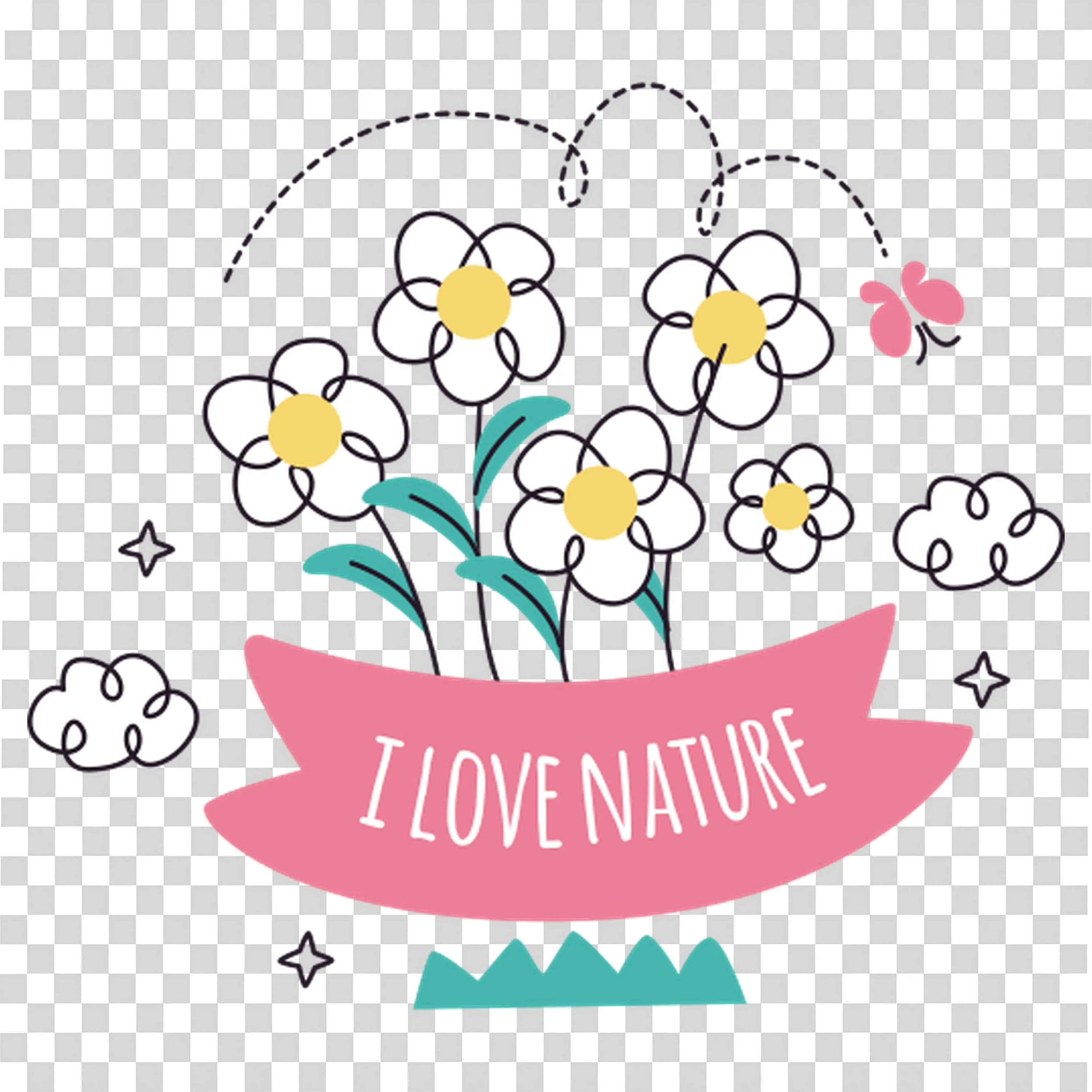 I Love Nature Text with Blooming Flowers and Leaves