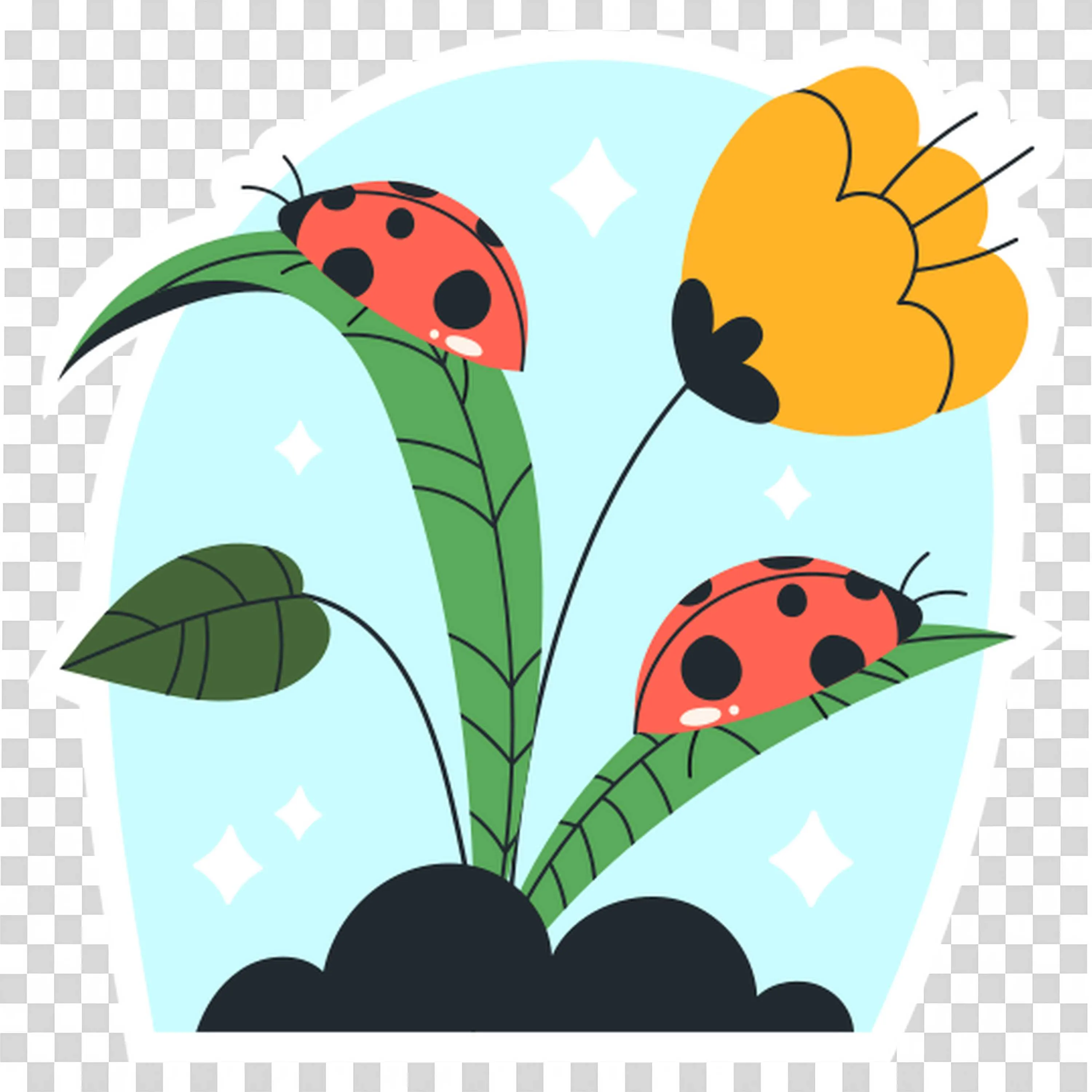 Ladybugs Crawling on Leaves Near Blooming Tulips Hd PNG