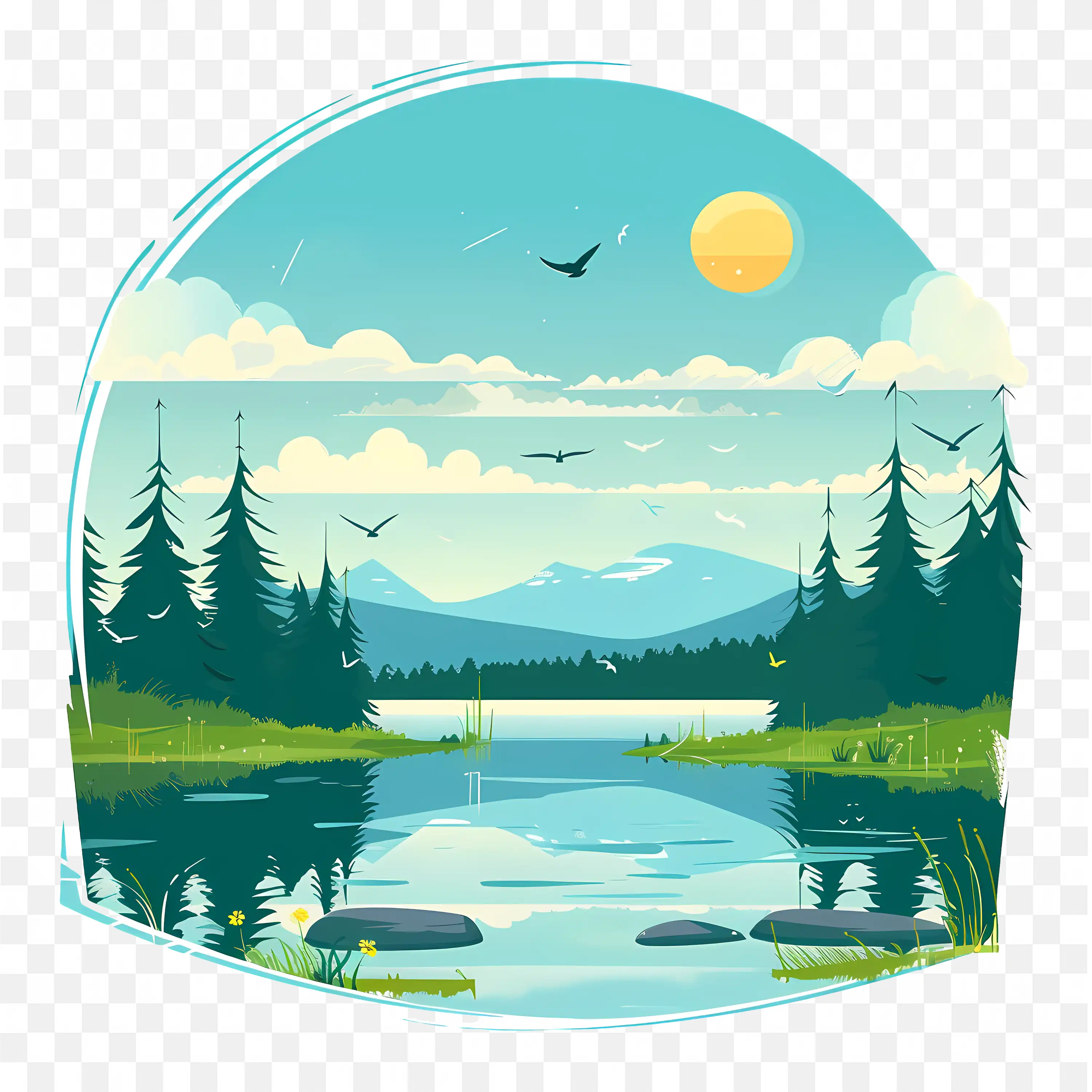 Lake Landscape PNG Nature Scene Forest Mountains Art View