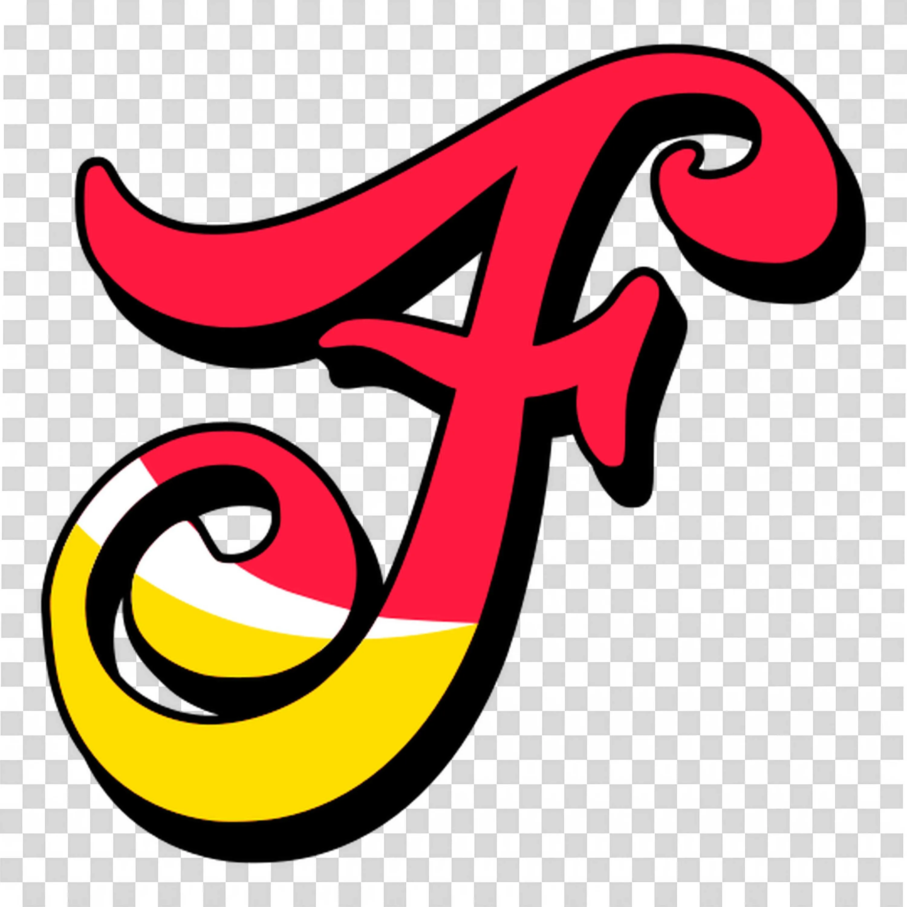 Letter F in Yellow Pink and Black in a Rounded Script Style