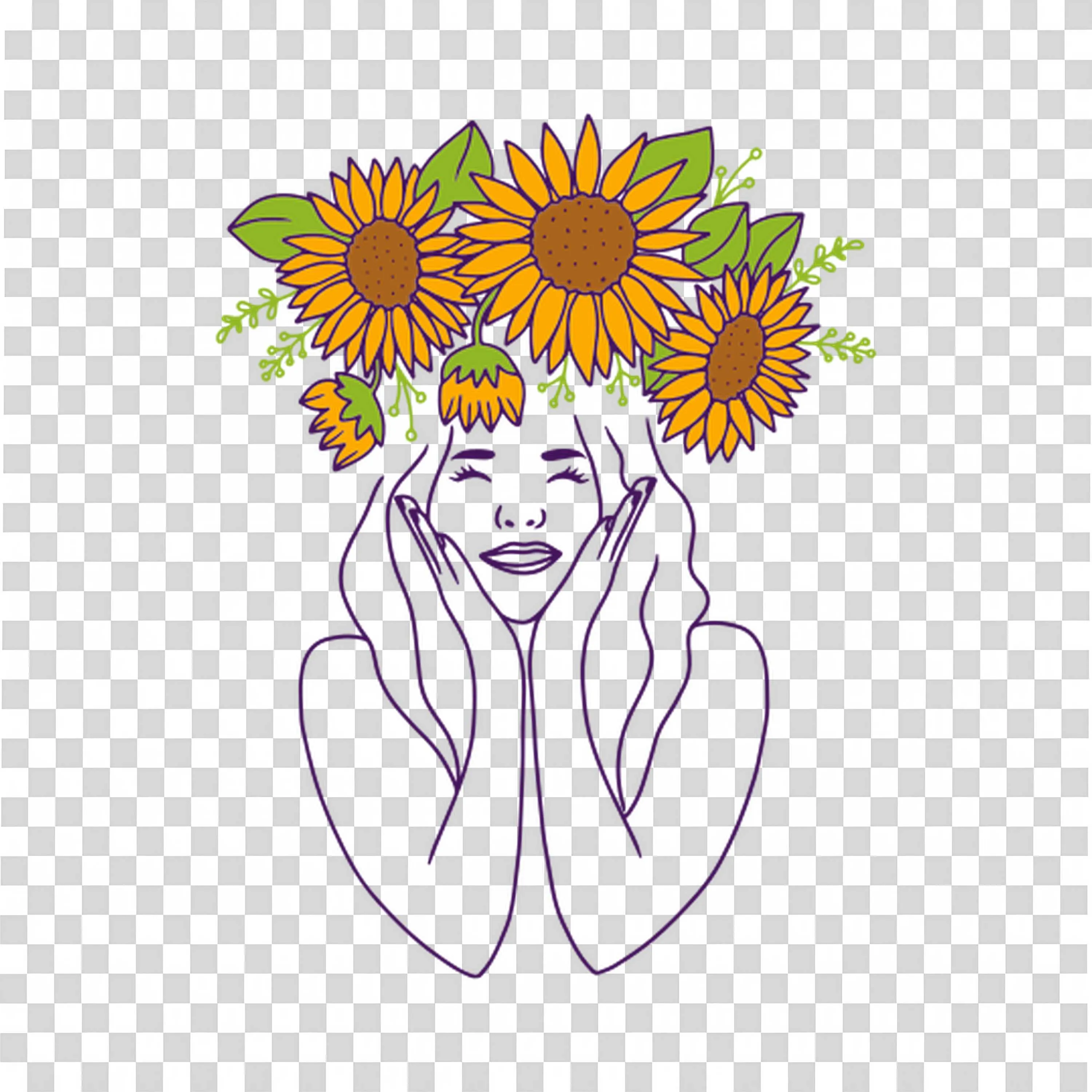 Line Art Of Woman with Sunflowers Crown and Peaceful Face