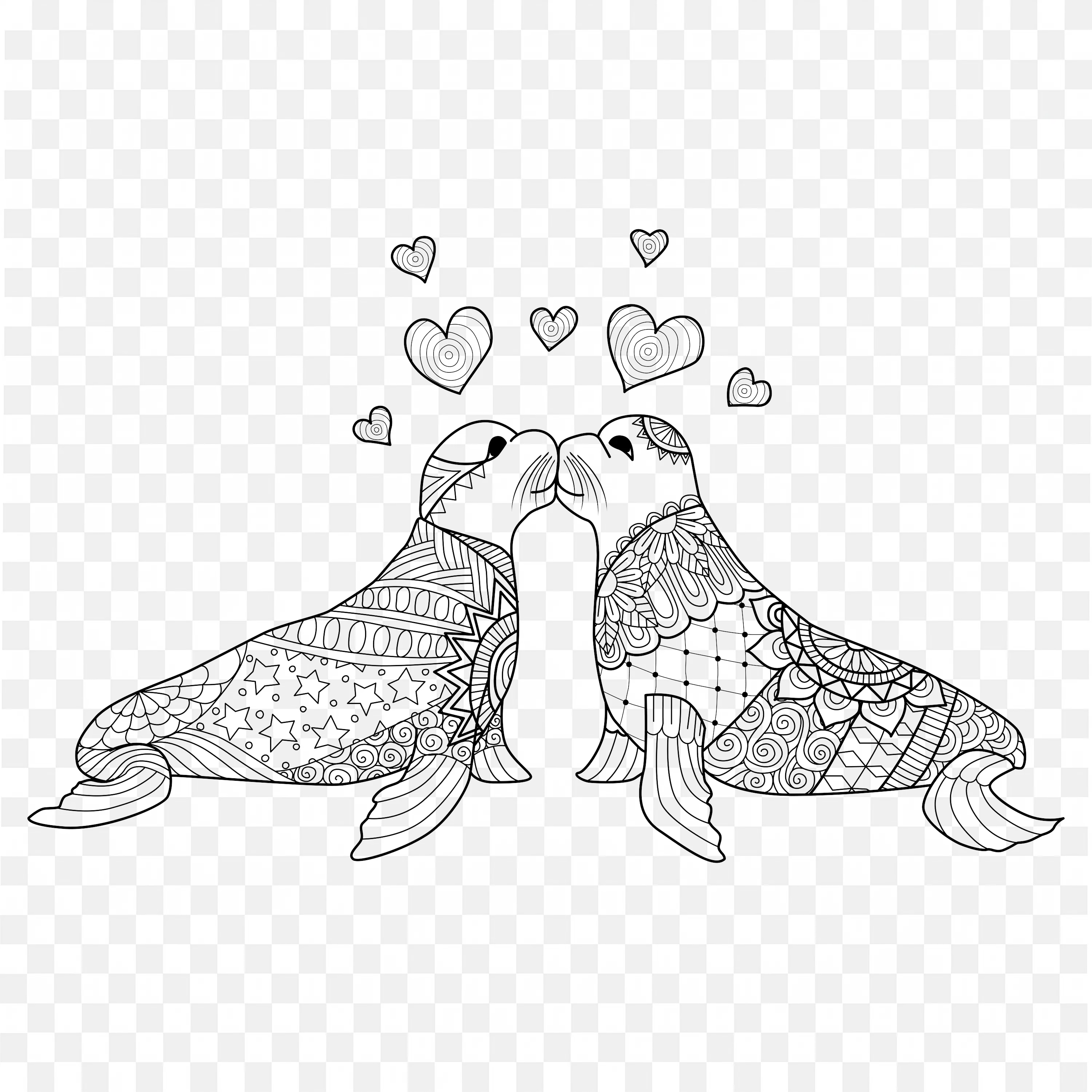 Love Zentangle Seals Kissing HandDrawn Couple Vector Art