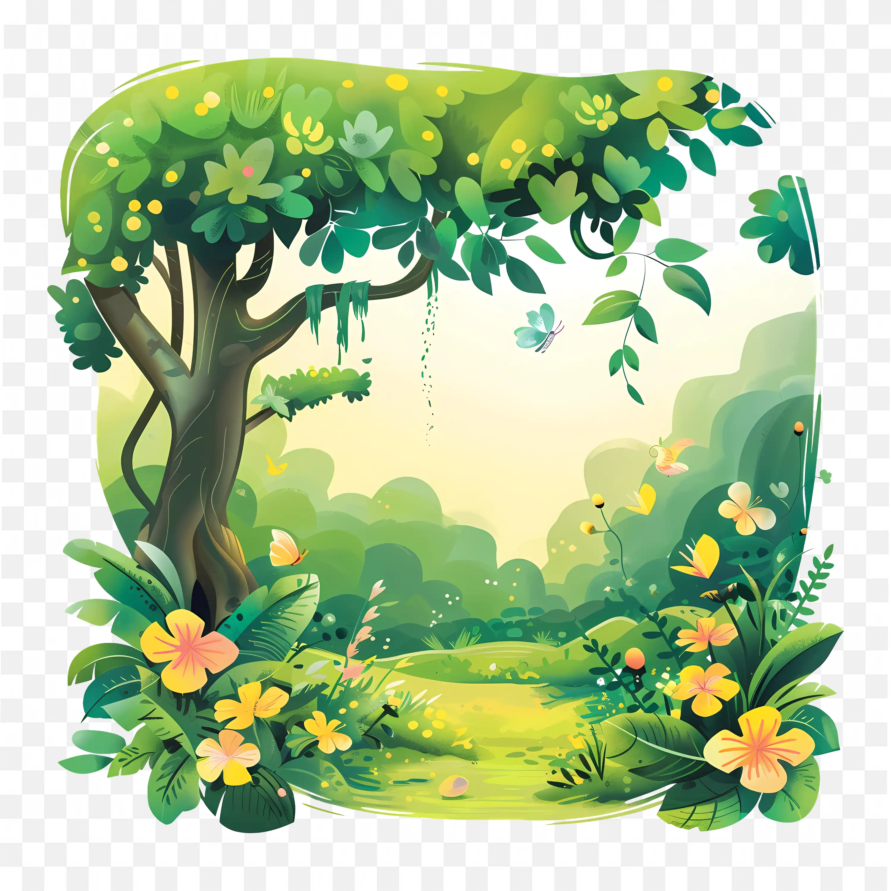 Lush Forest with Trees and Flowers Peaceful Nature Scene Art