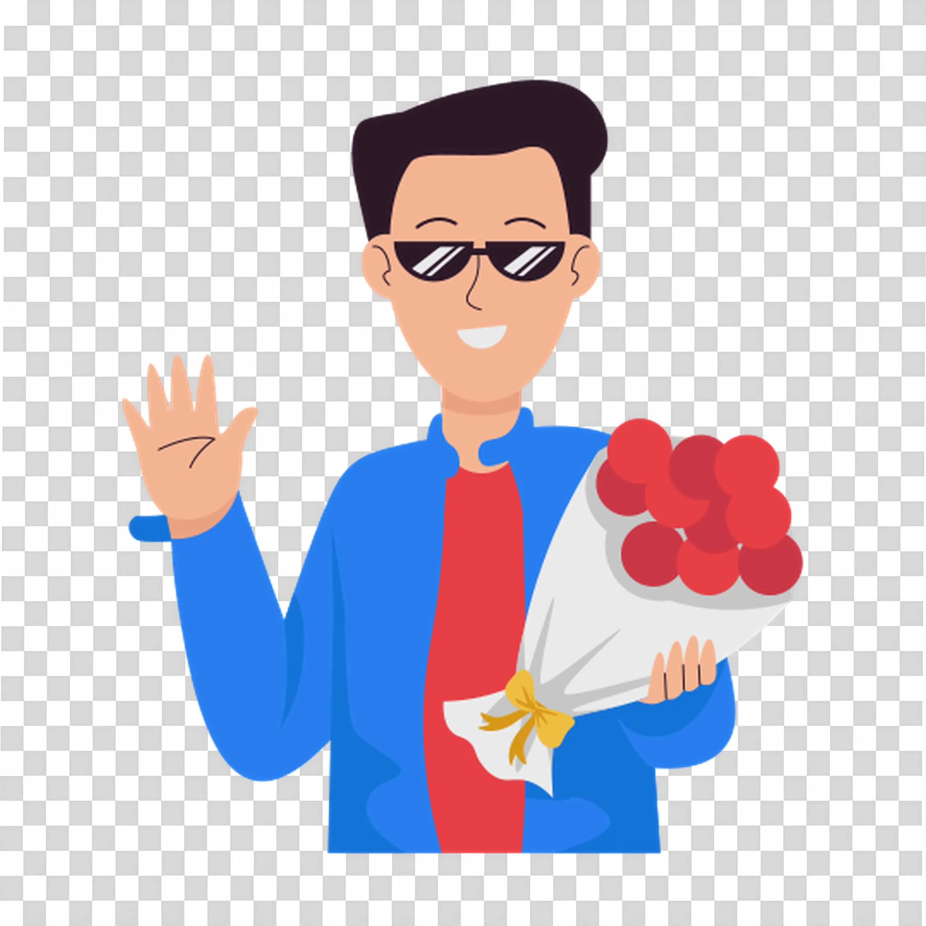 Man Holding Red Roses Bouquet and Waving Hand PNGImage