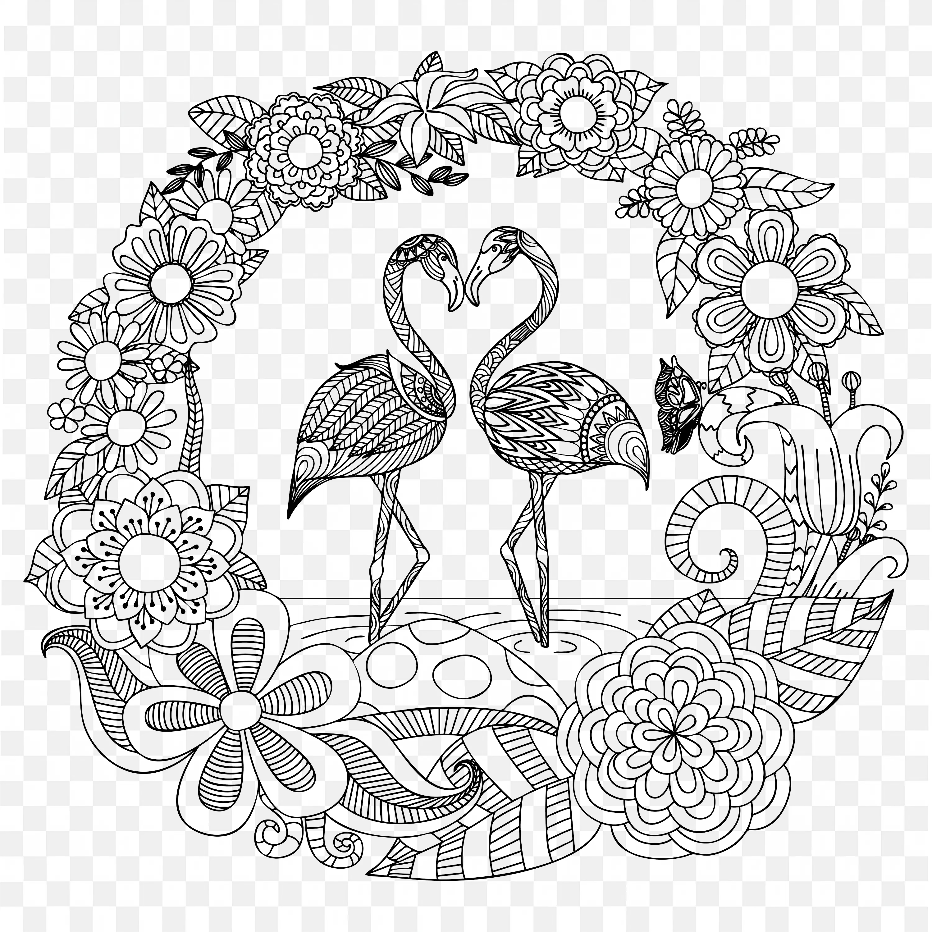 Mandala Flamingo Wreath PNG Love Birds Nature Line Art Art