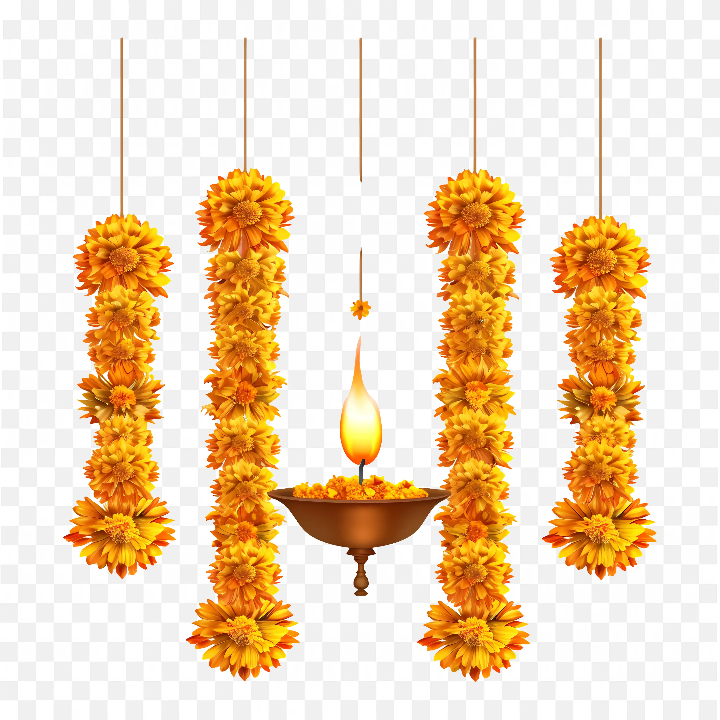 Marigold Garlands and Lit Oil Lamp Traditional Indian Art