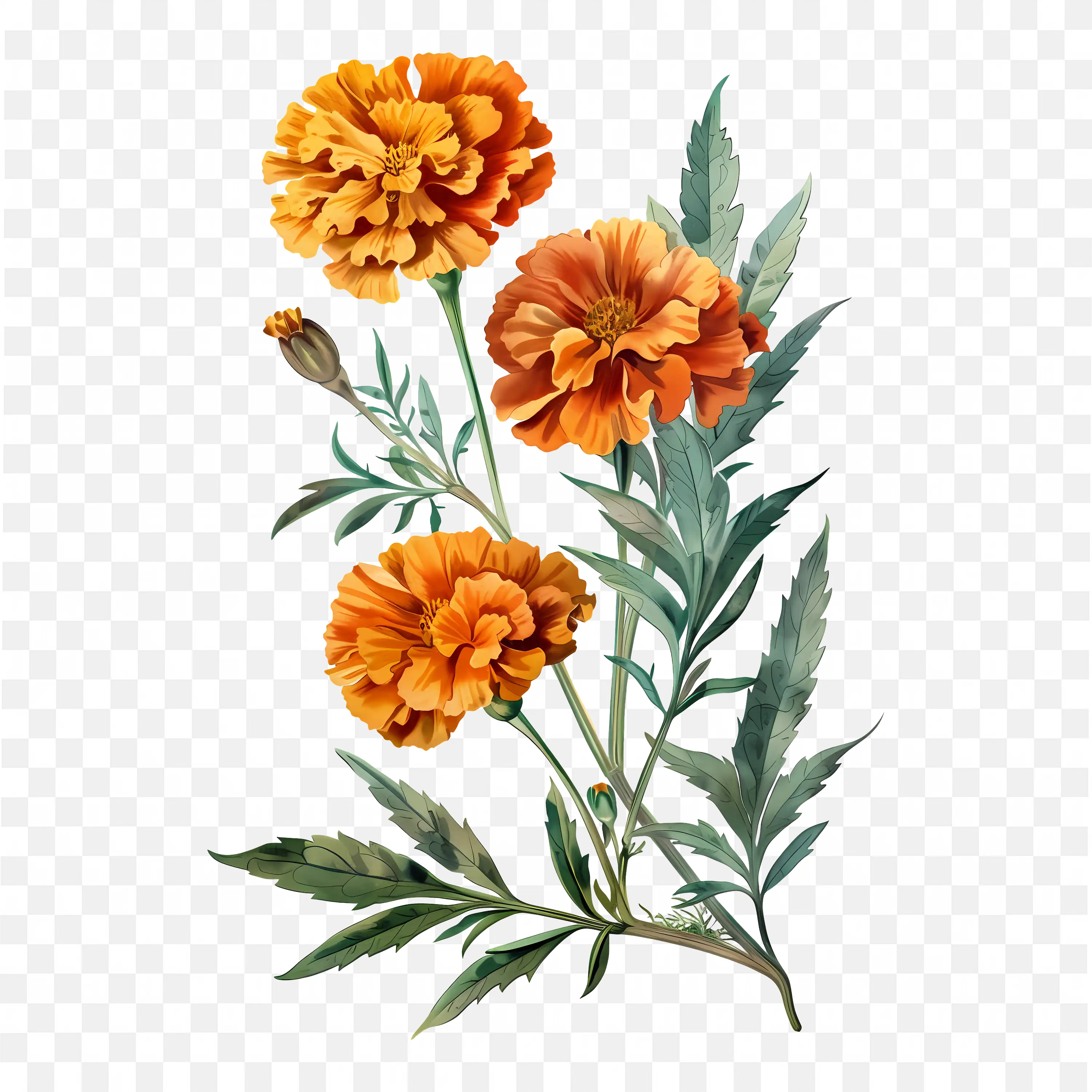 Marigold PNG Orange Flowers on Green Stems Botanical Art