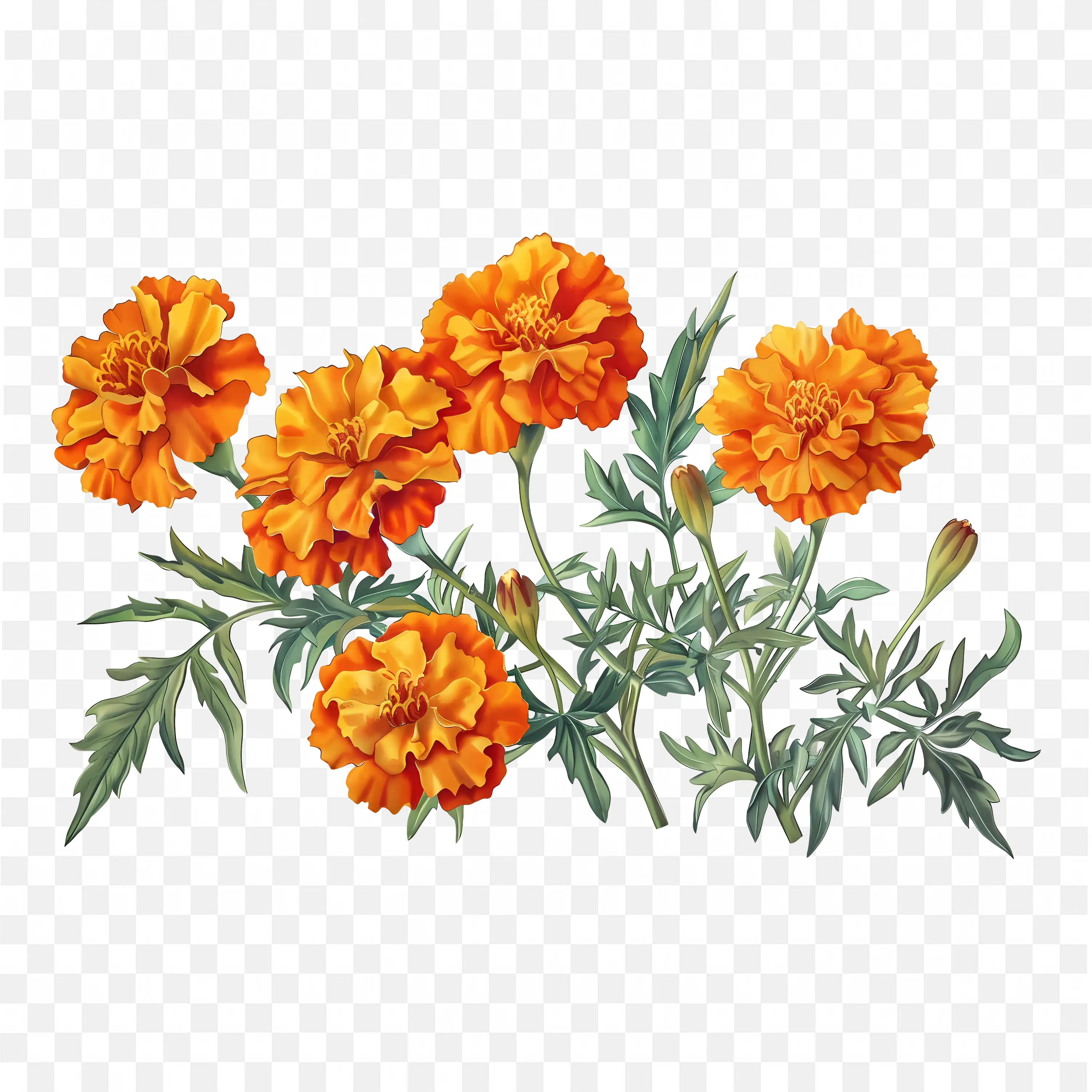 Marigold PNG Orange Flowers with Green Stems Clipart