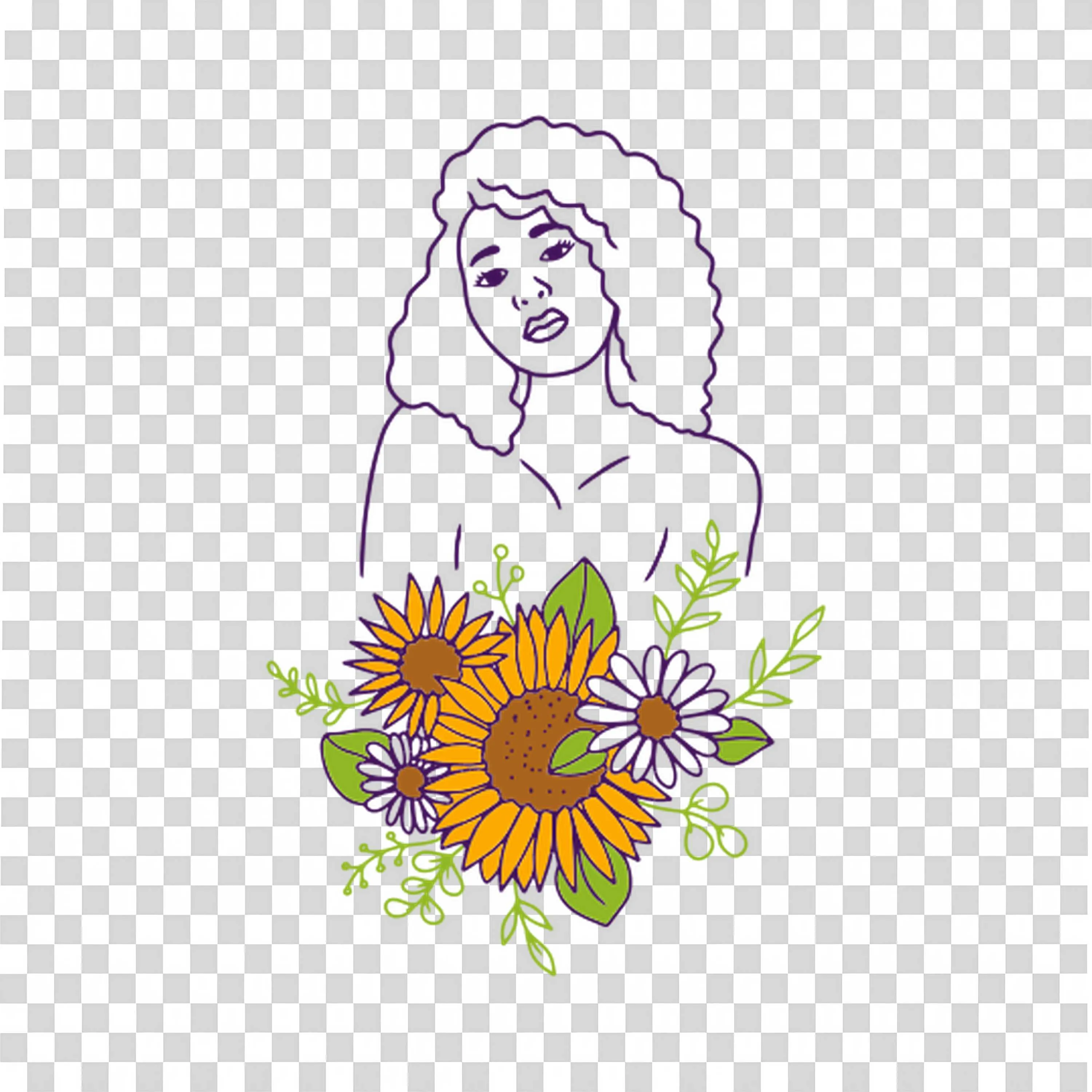 Minimalist Woman Holding Sunflowers in Simple Line Art