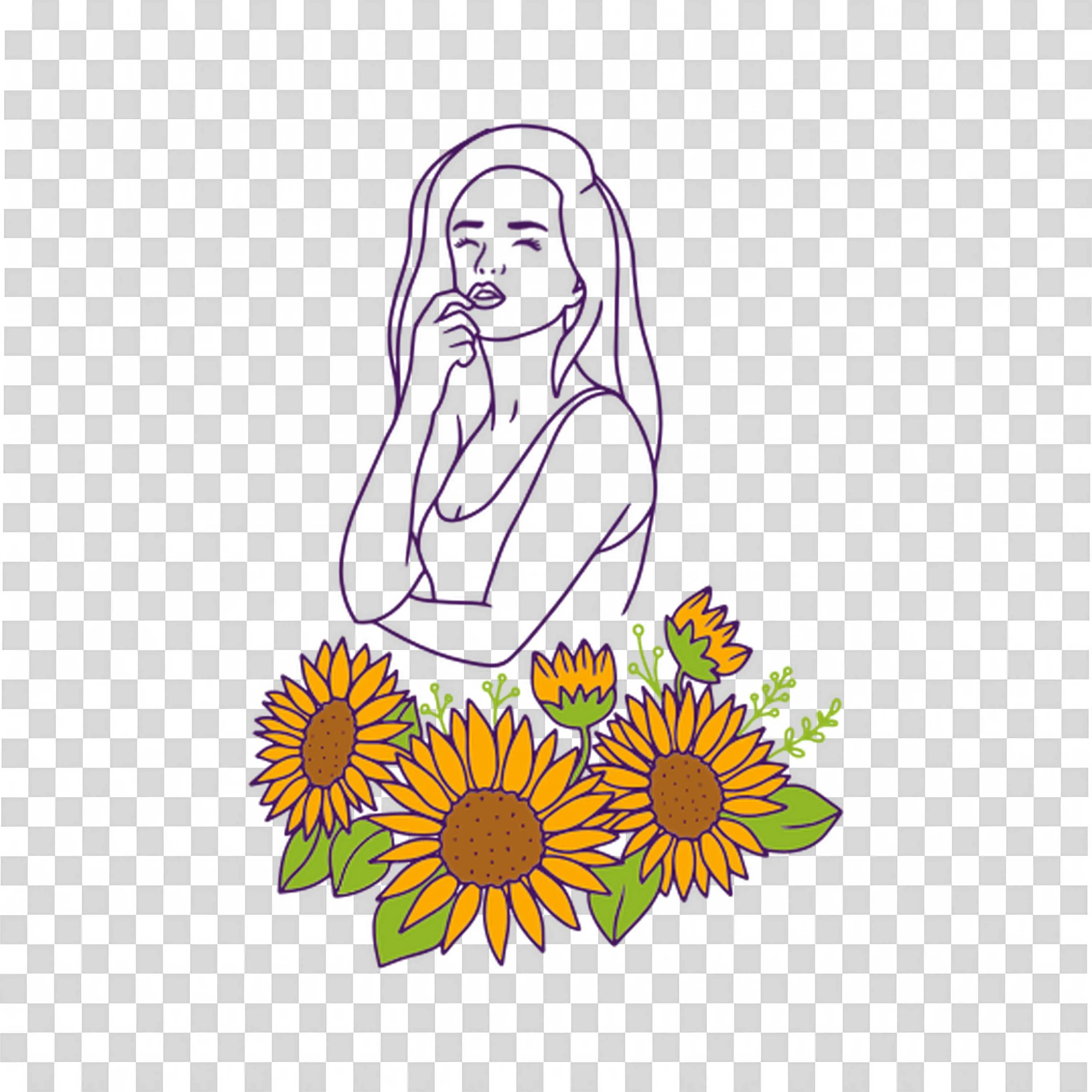 Minimalist Woman with Sunflowers in a Simple Line Art