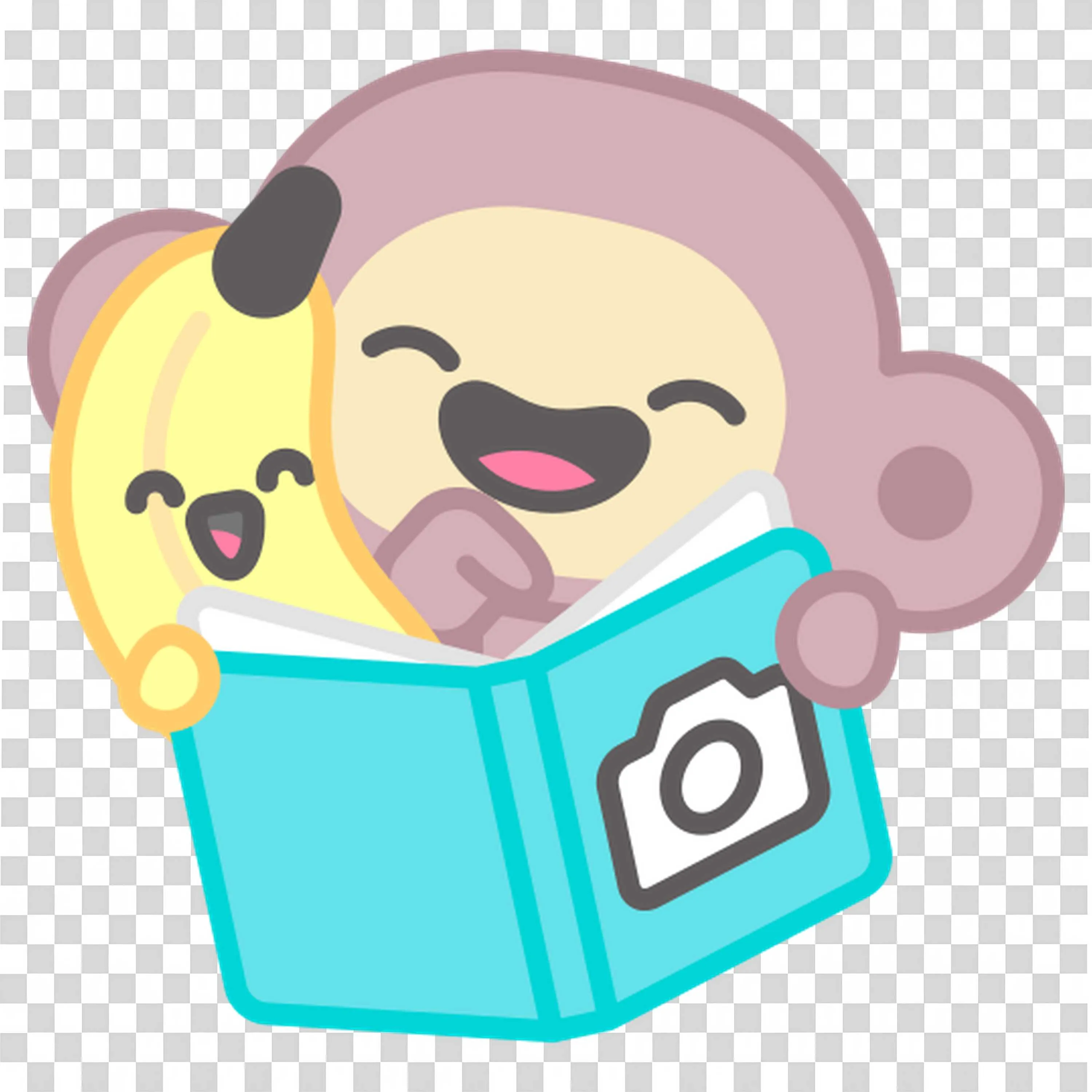 Monkey and Chick Reading a Green Book Together Happily