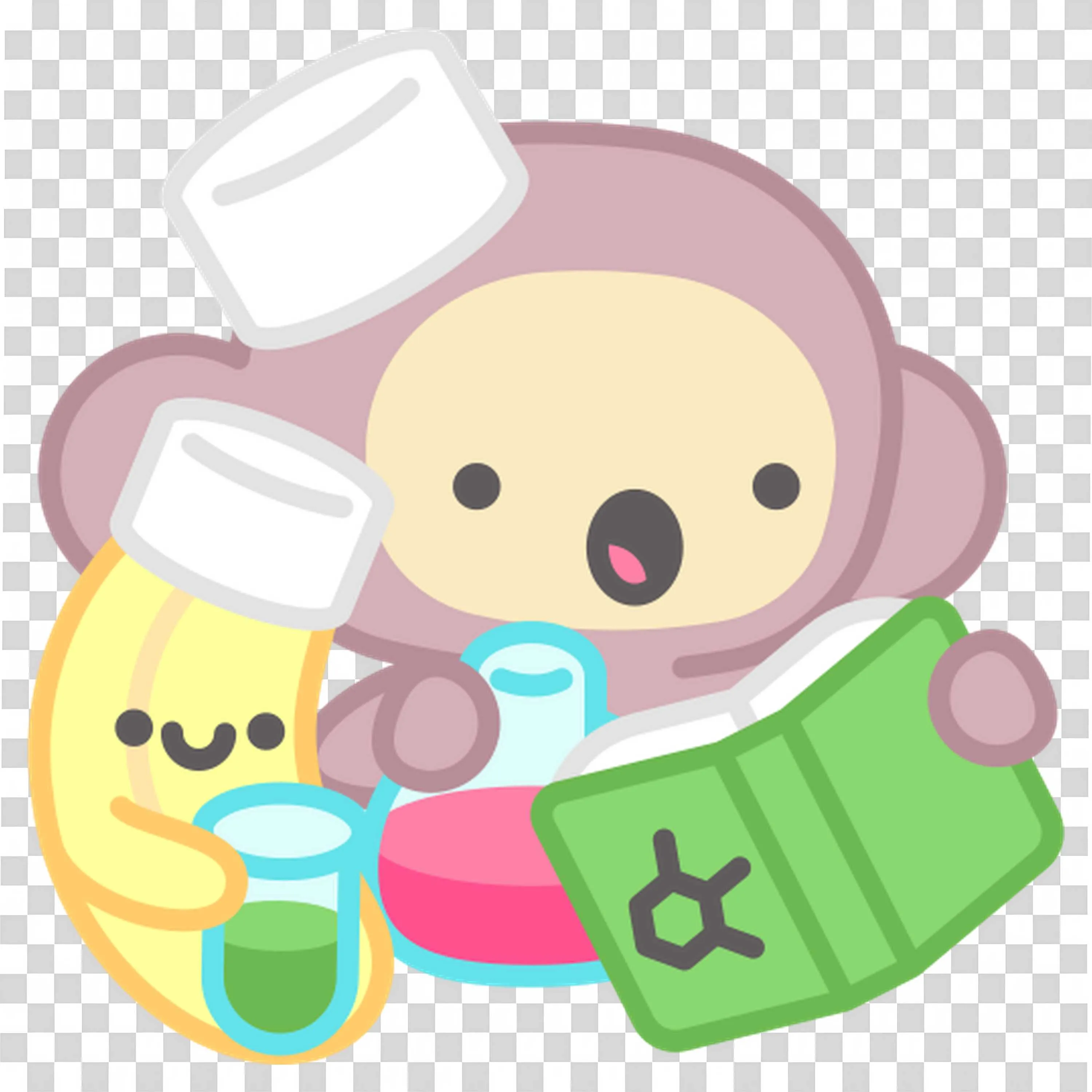 Monkey Holding Book and Pink Science Flask with Smile
