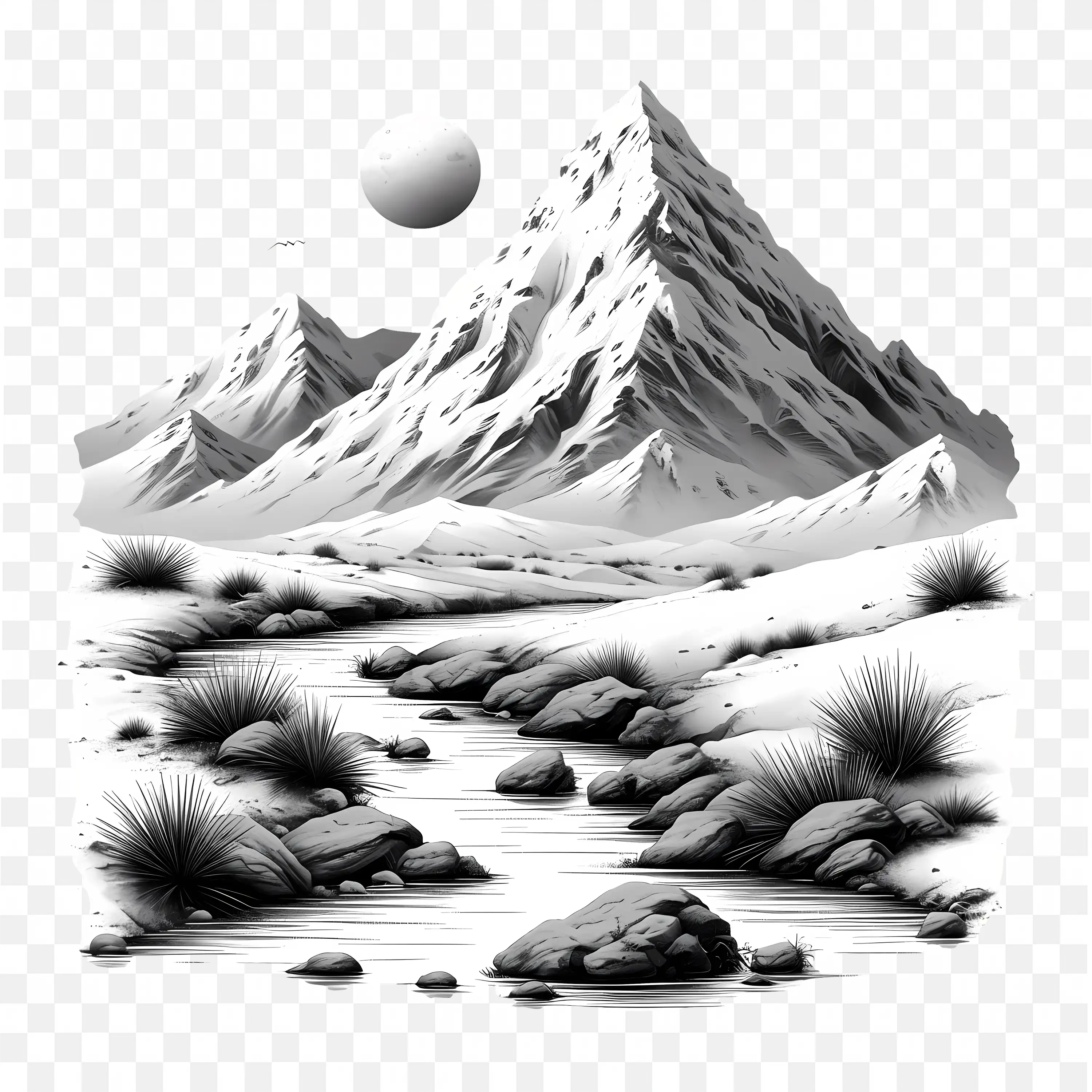 Mountain PNG Black and White Ink Style Illustration Art