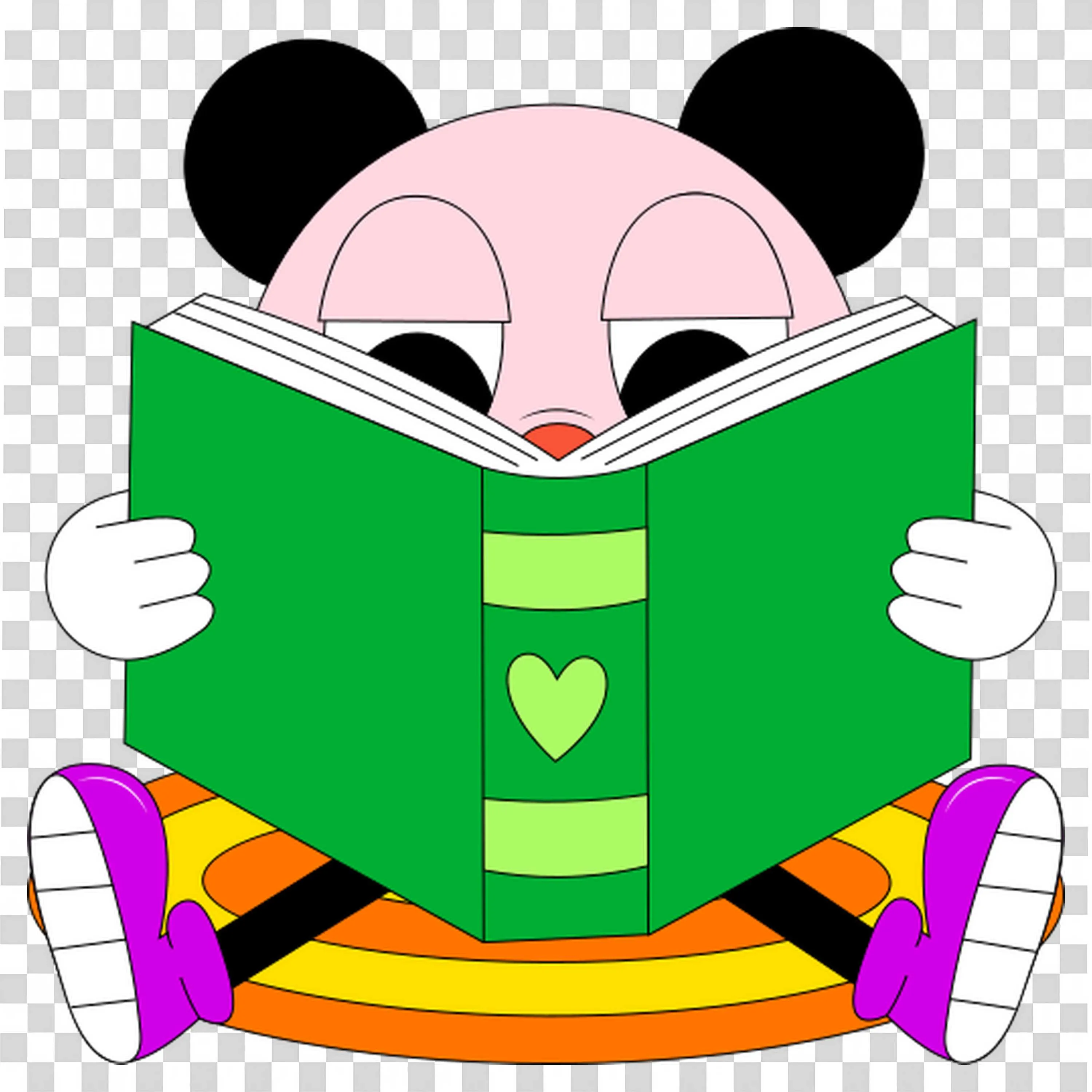 Mouse Reading a Green Book with a Smile and Sitting Down