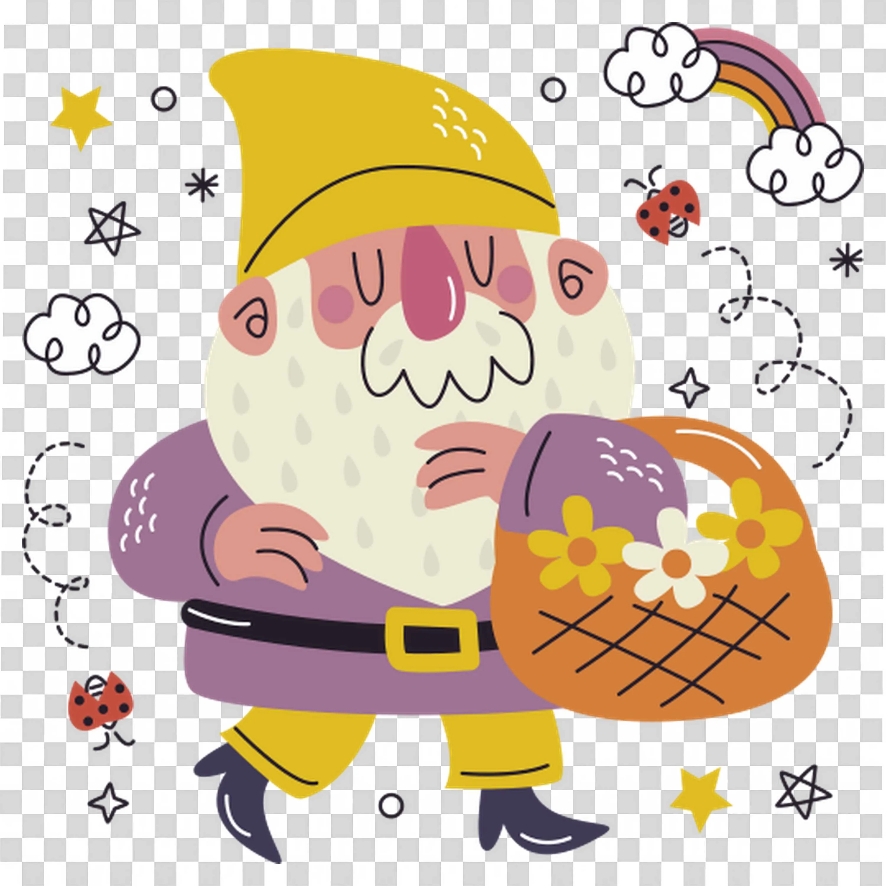 Old Man Gnome Holding a Basket Of Beautiful Flowers