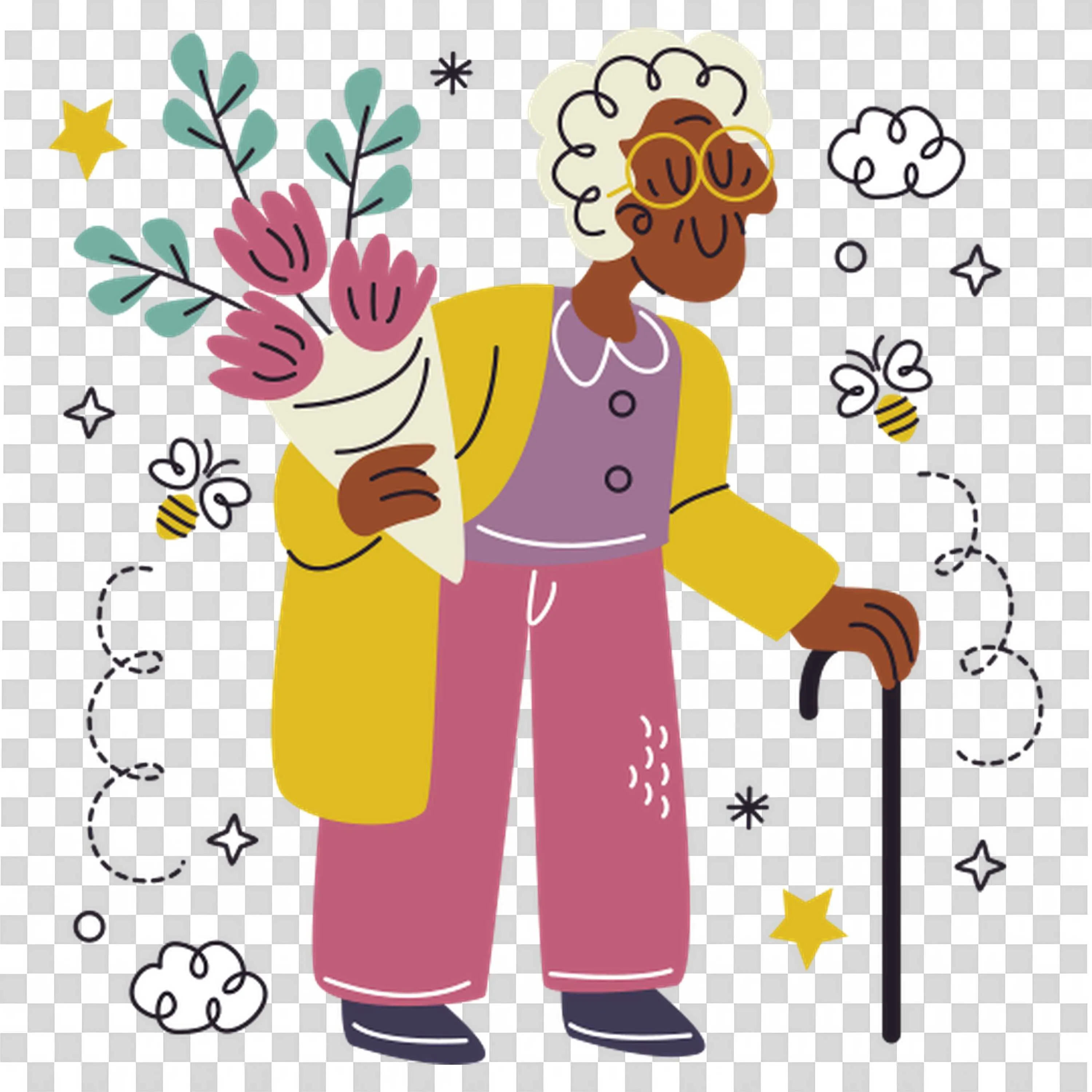 Old Woman Holding Flowers Standing in Floral Background PNG
