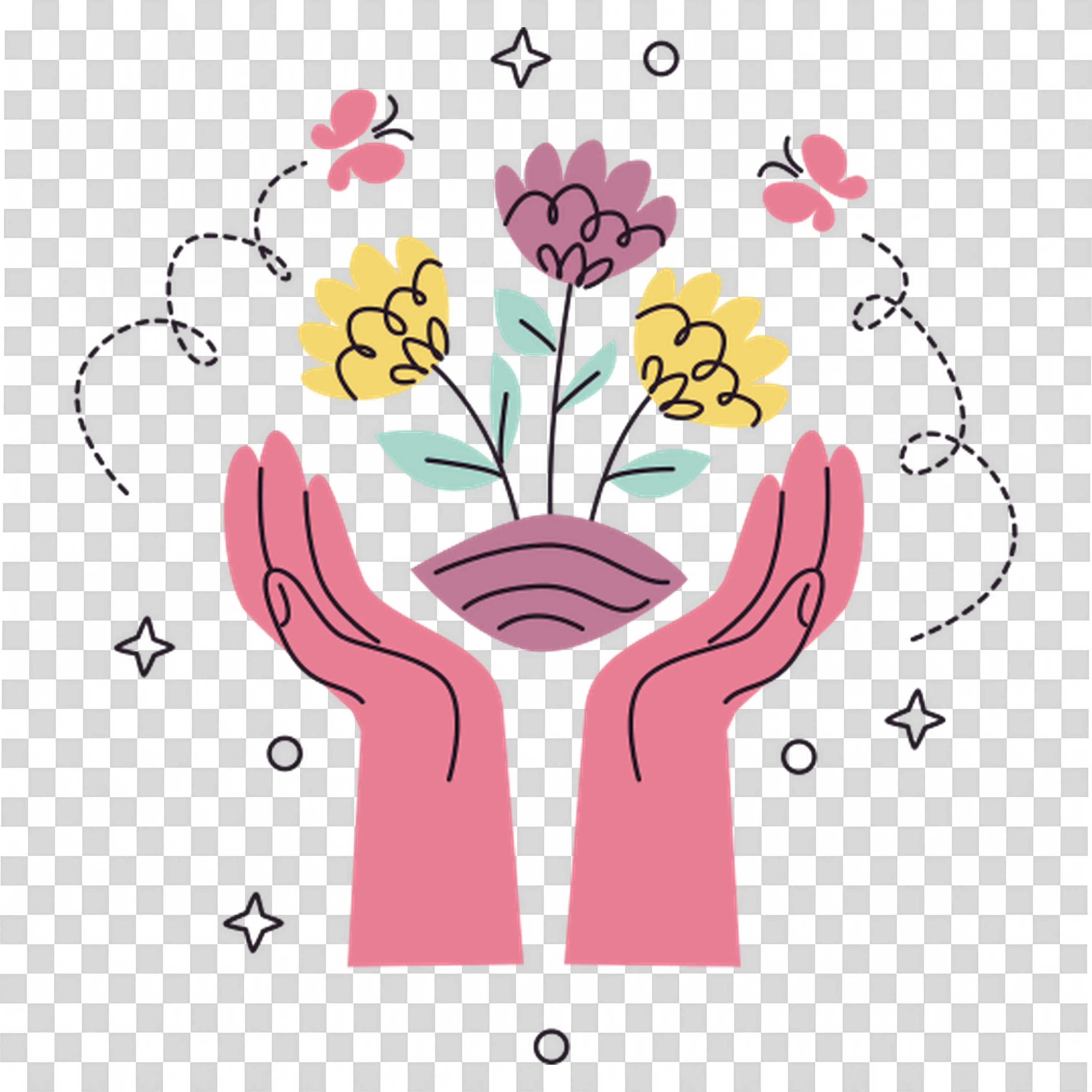 Open Hands Holding Flowers with Heart and Stars Above