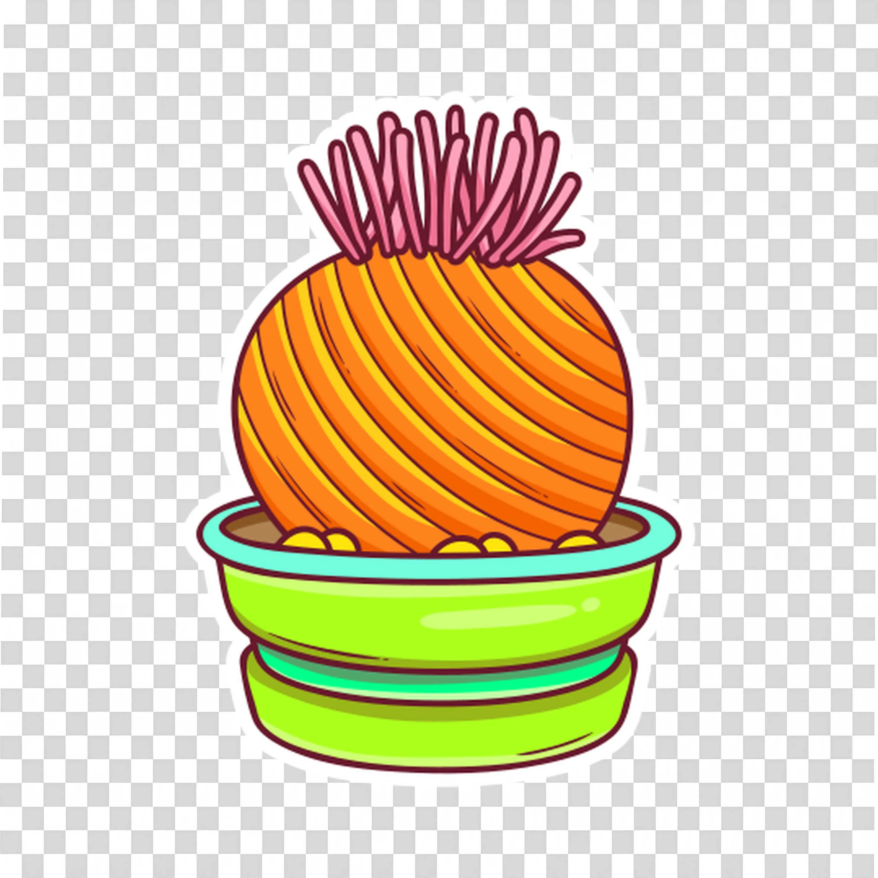 Orange Cactus with Spikes in Green and Yellow Pot PNG