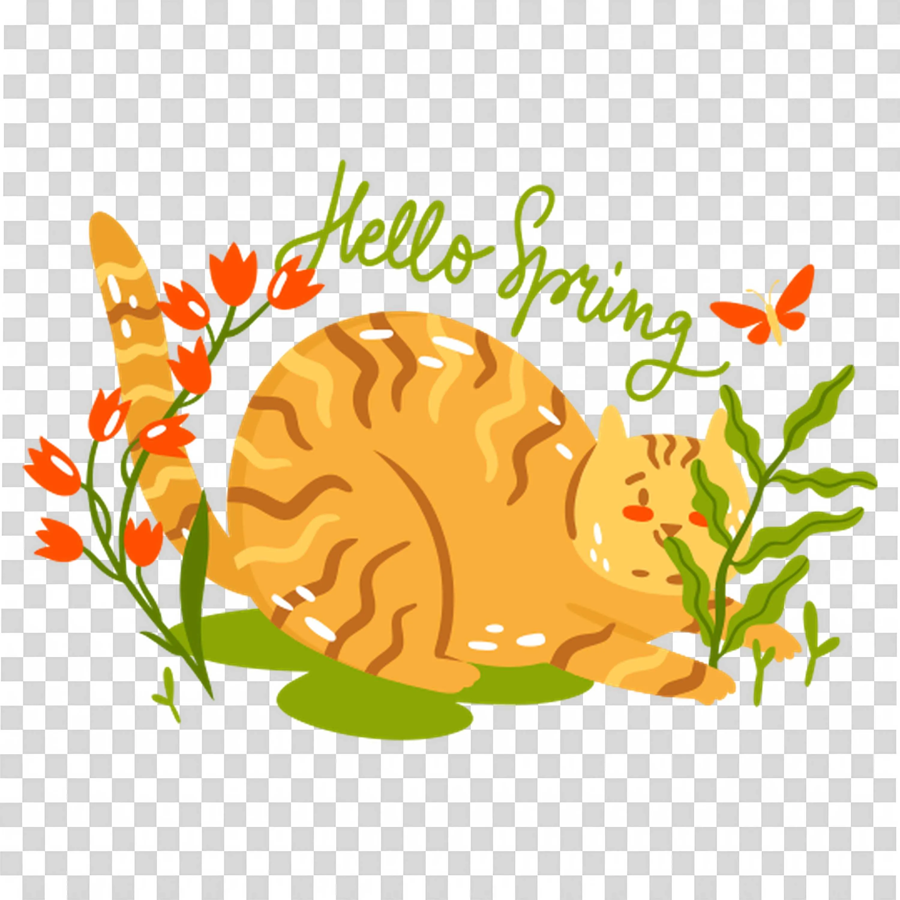 Orange Cat Lying on Grass with Hello Spring Message