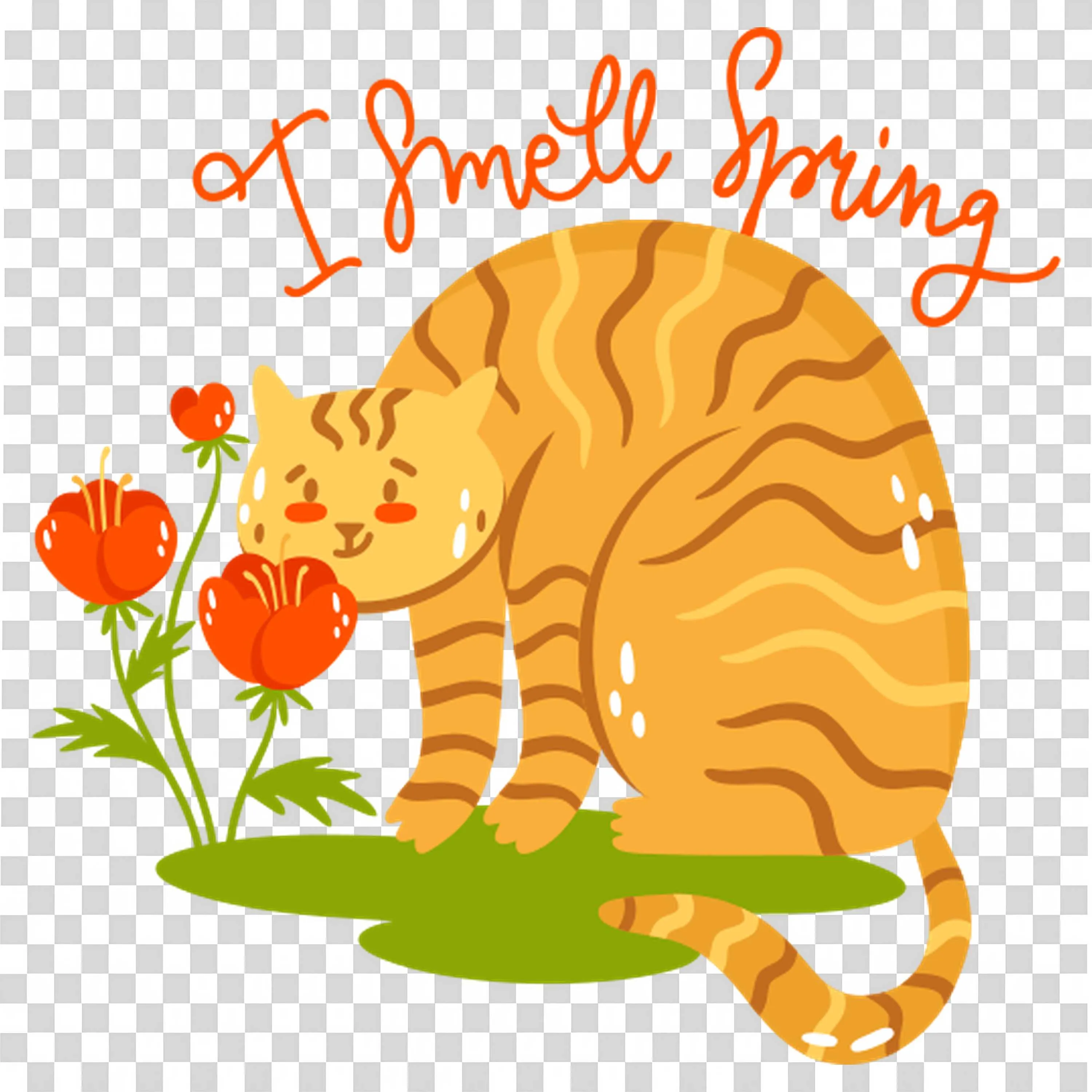 Orange Cat Sniffing Flowers with I Smell Spring Text