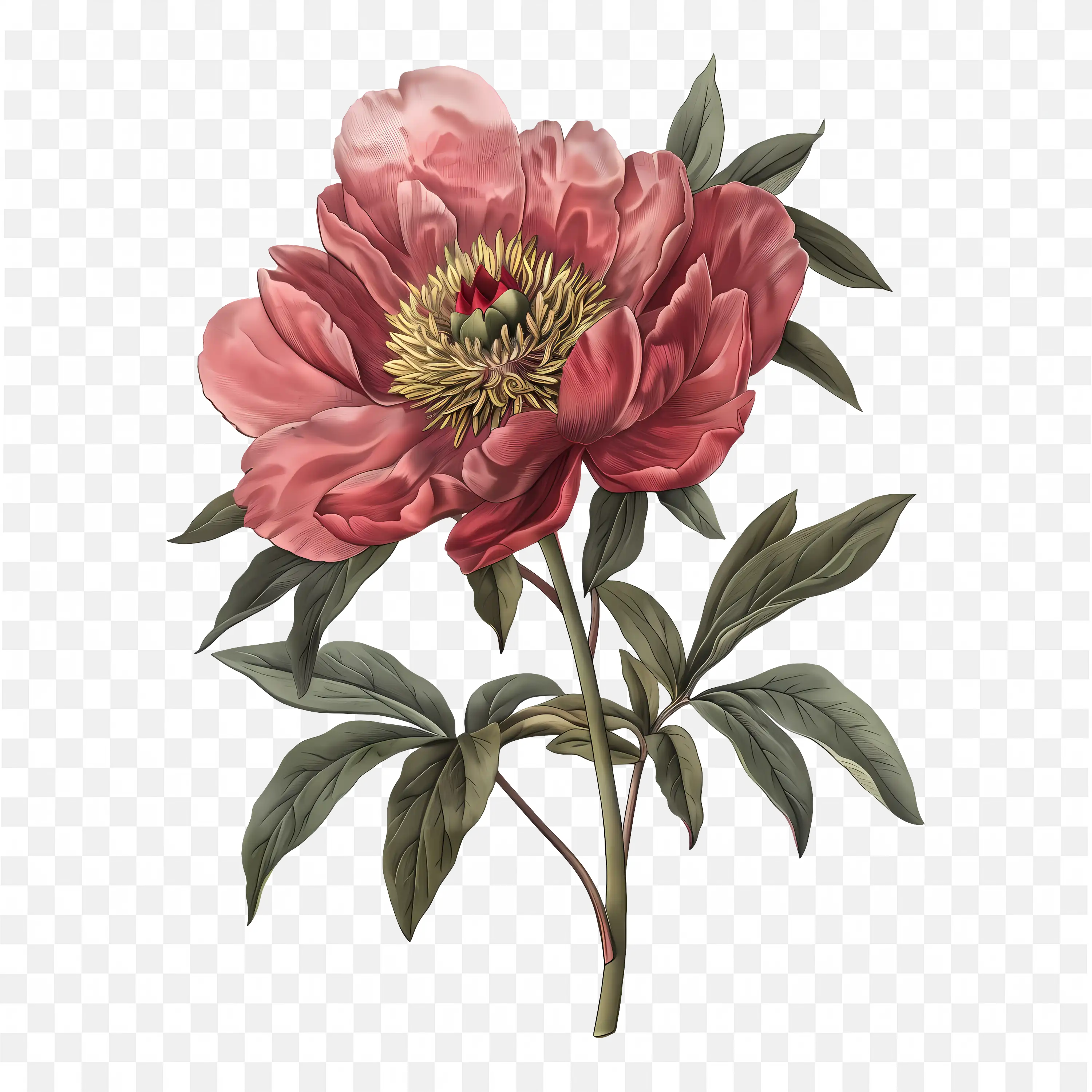 Peony PNG Pink Flower with Green Leaves Watercolor Clip
