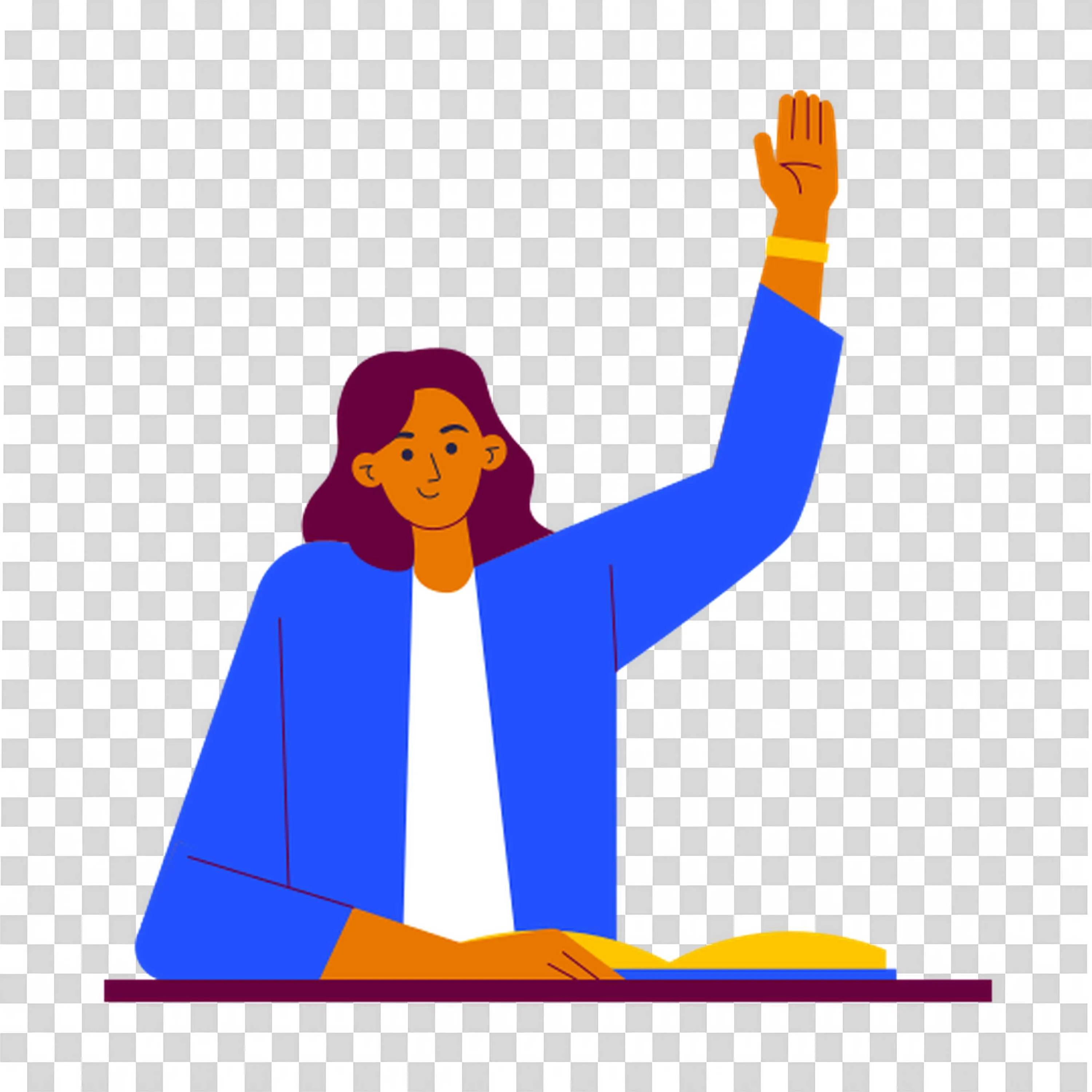 Person RAIsing Hand While Sitting at Desk with Book in Front