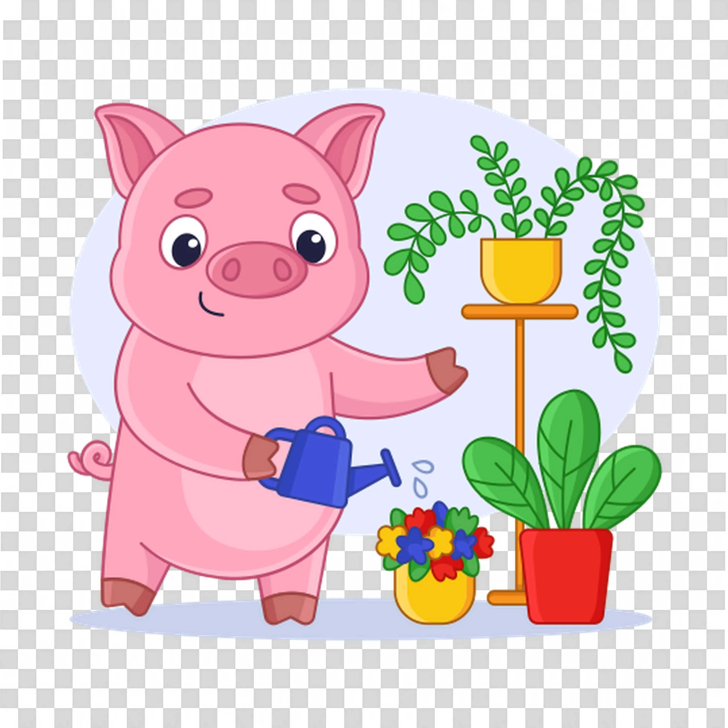 Pig Watering Flowers Shares Joy in Daily Care Free PNG