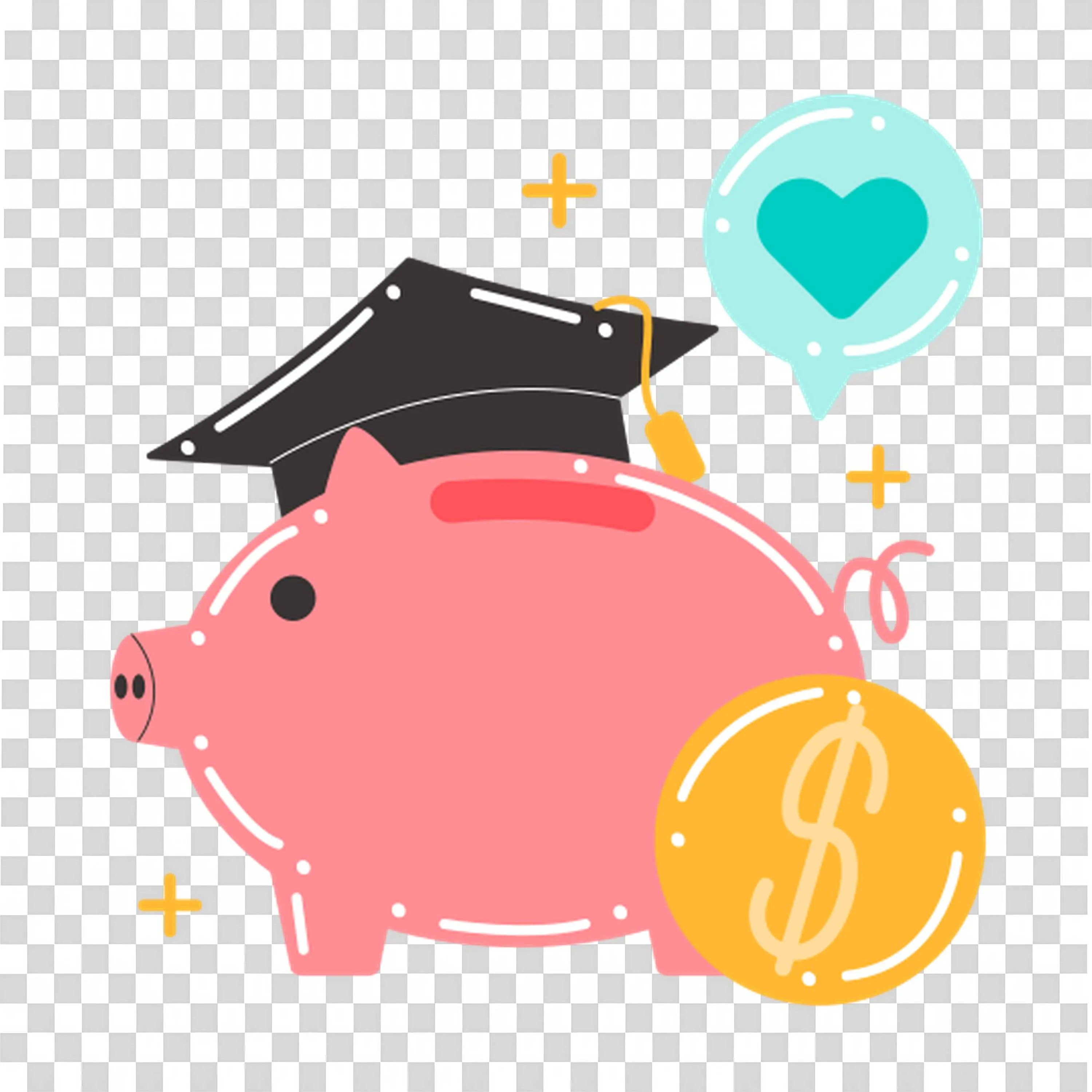Piggy Bank with Graduation Cap and Floating Coin Symbol