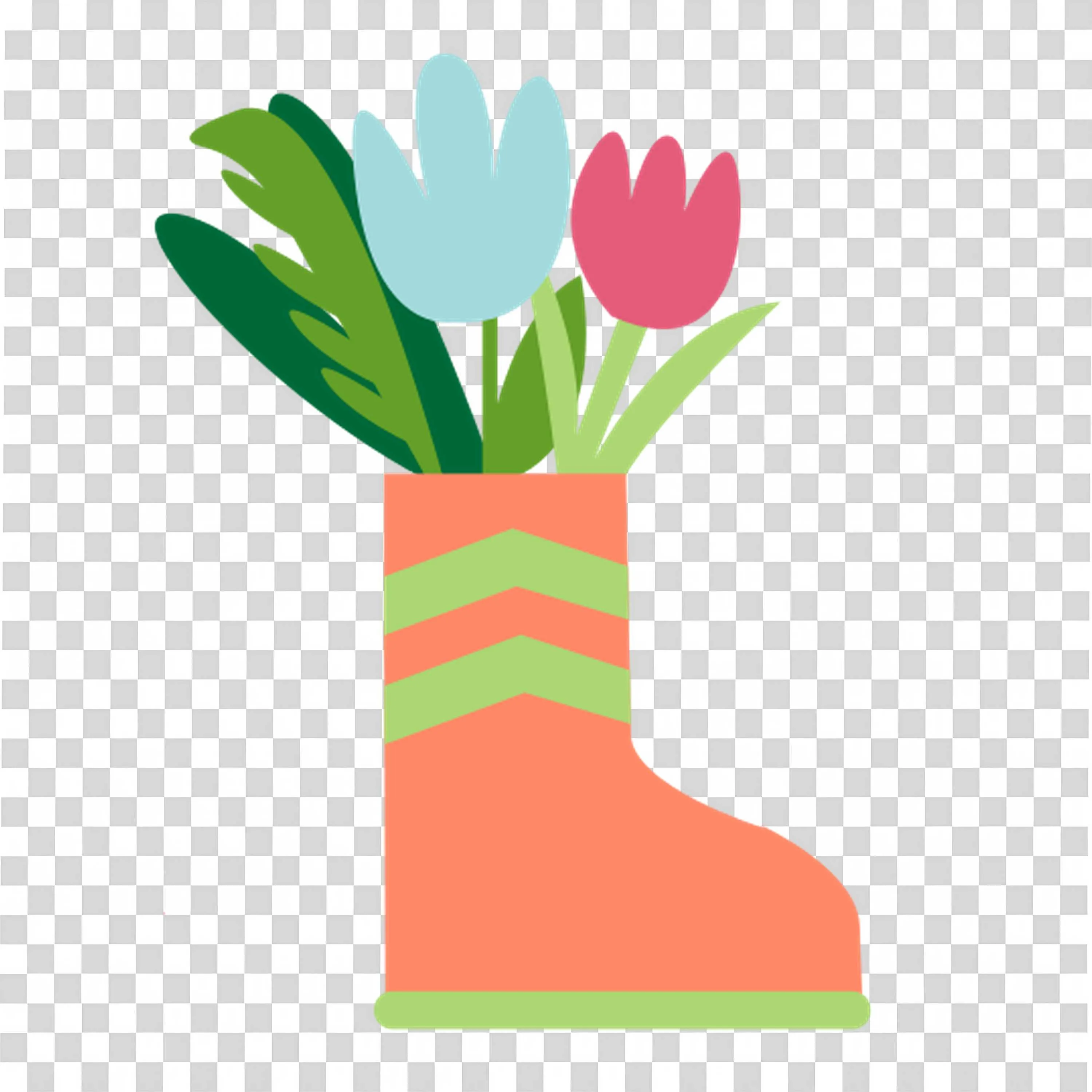 Pink and Blue Tulips Growing from Orange Boot PNGImage