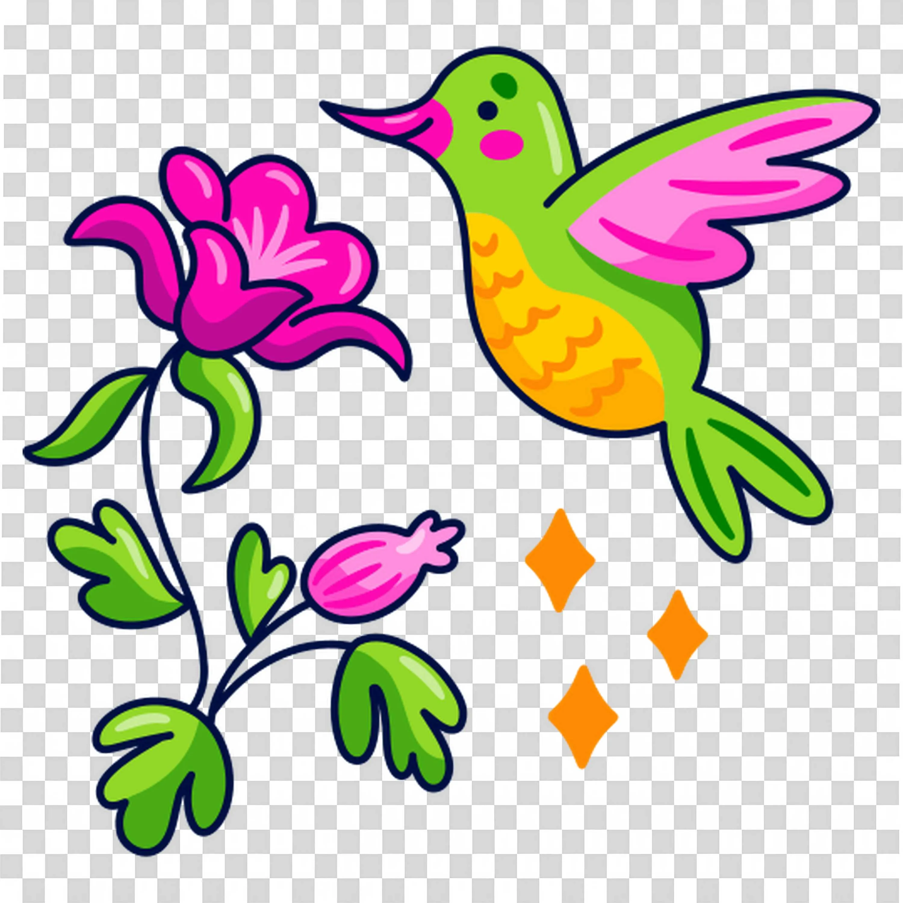 Pink and Purple Flowers with Green Hummingbird Art