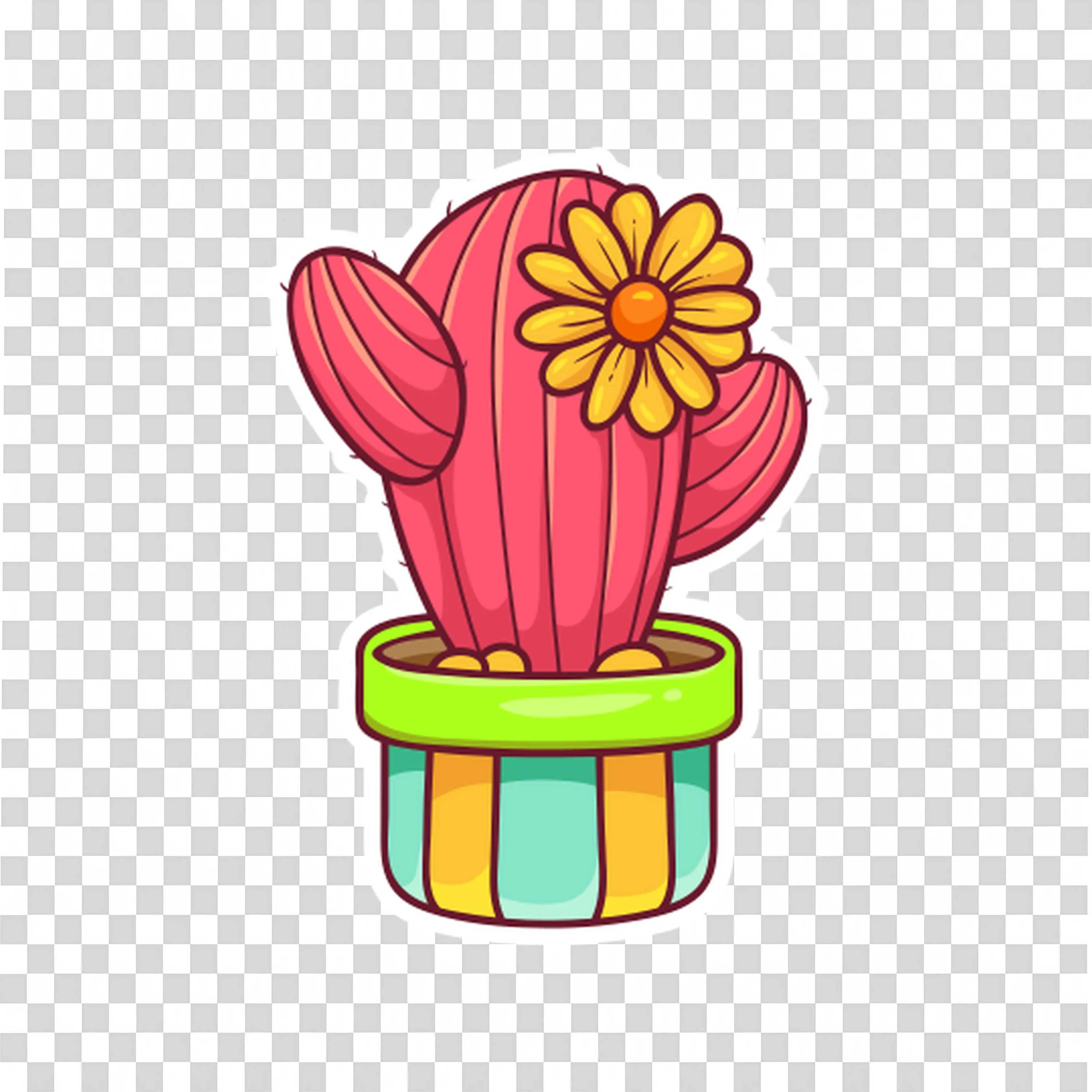 Pink Cartoon Cactus in a Colorful Striped Flower Pot