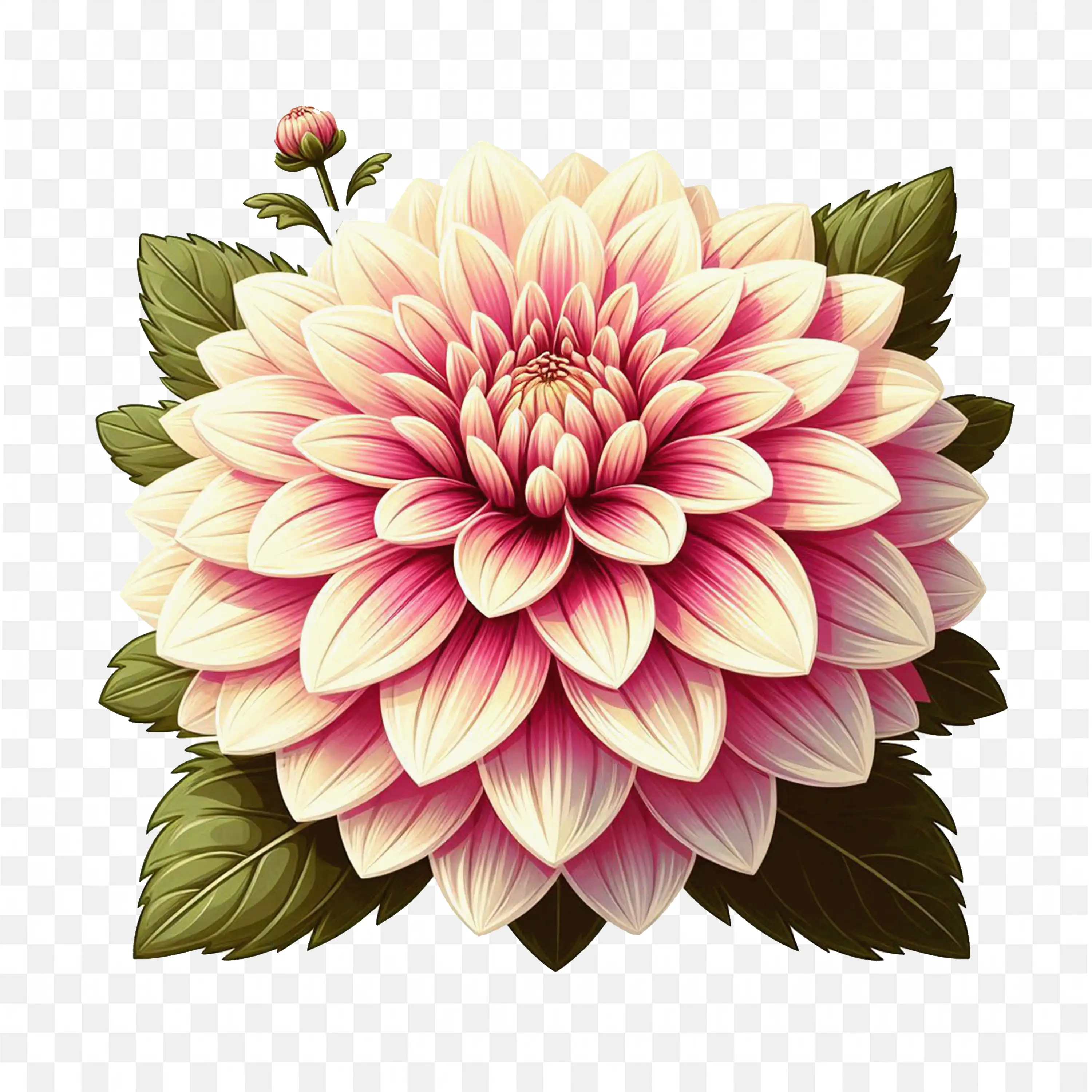 Pink Dahlia with Leaves PNG Realistic Floral Illustration