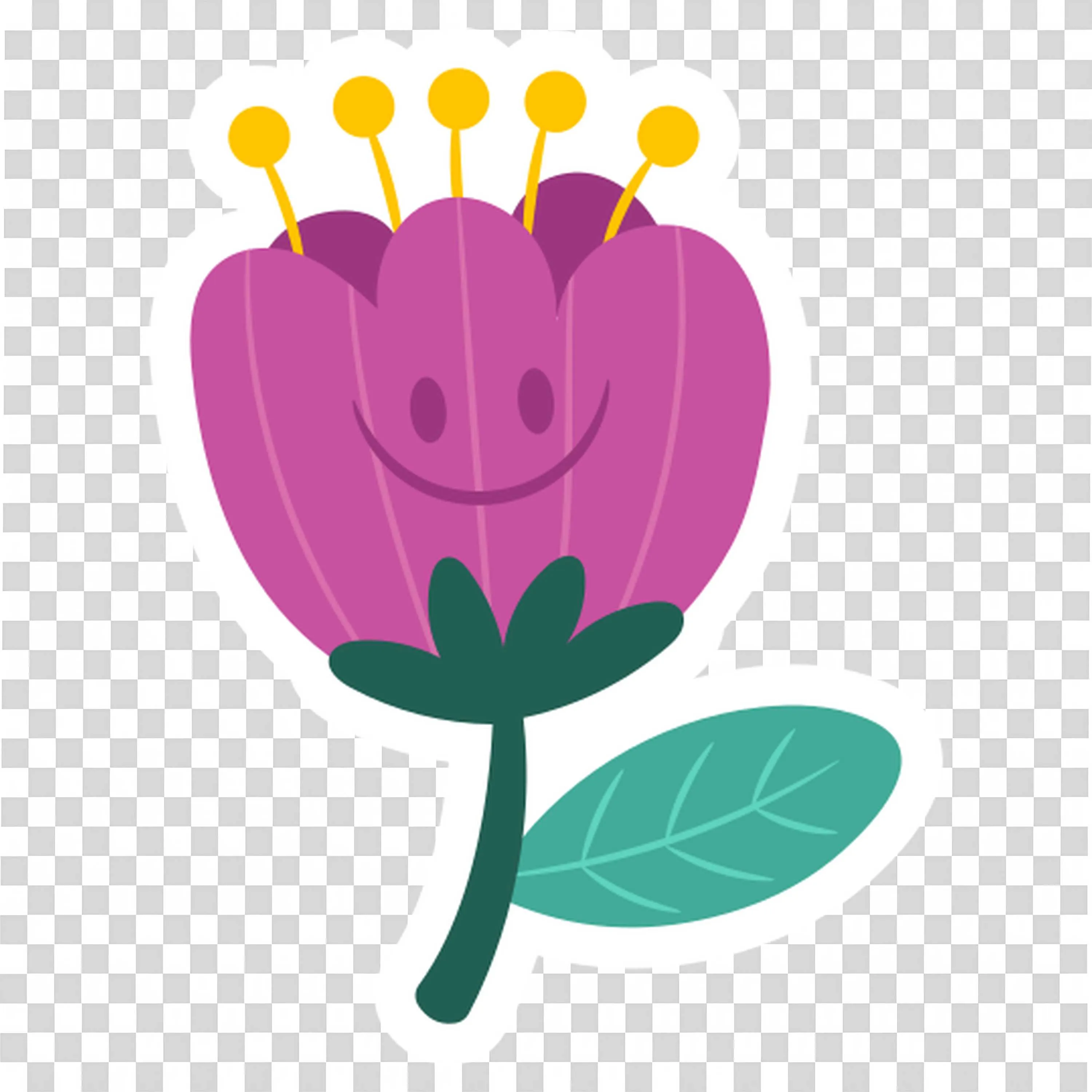 Pink Flower with Yellow Top and Green Single Leaf PNG