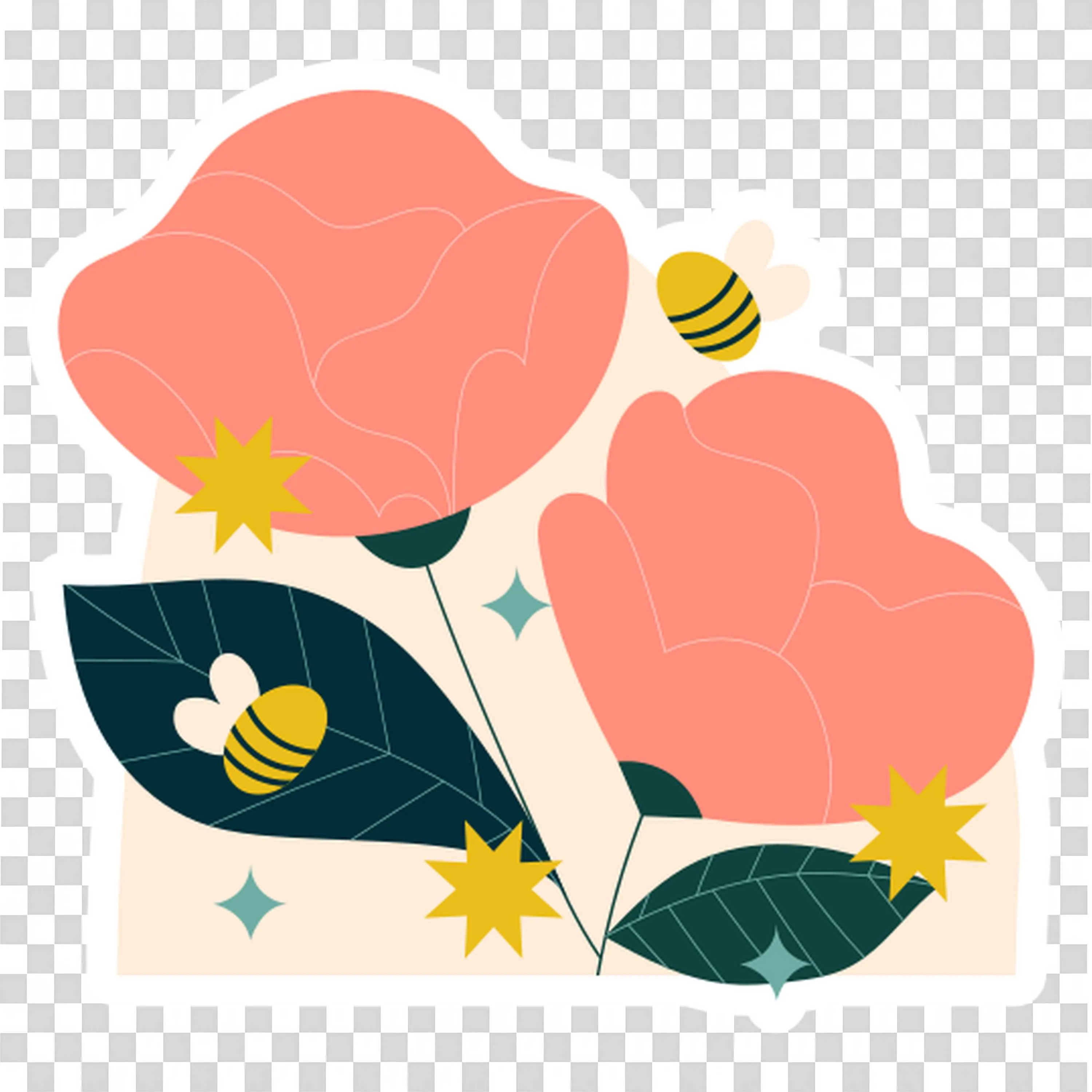 Pink Flowers with Bee Flying Near on Leaves PNGDownload