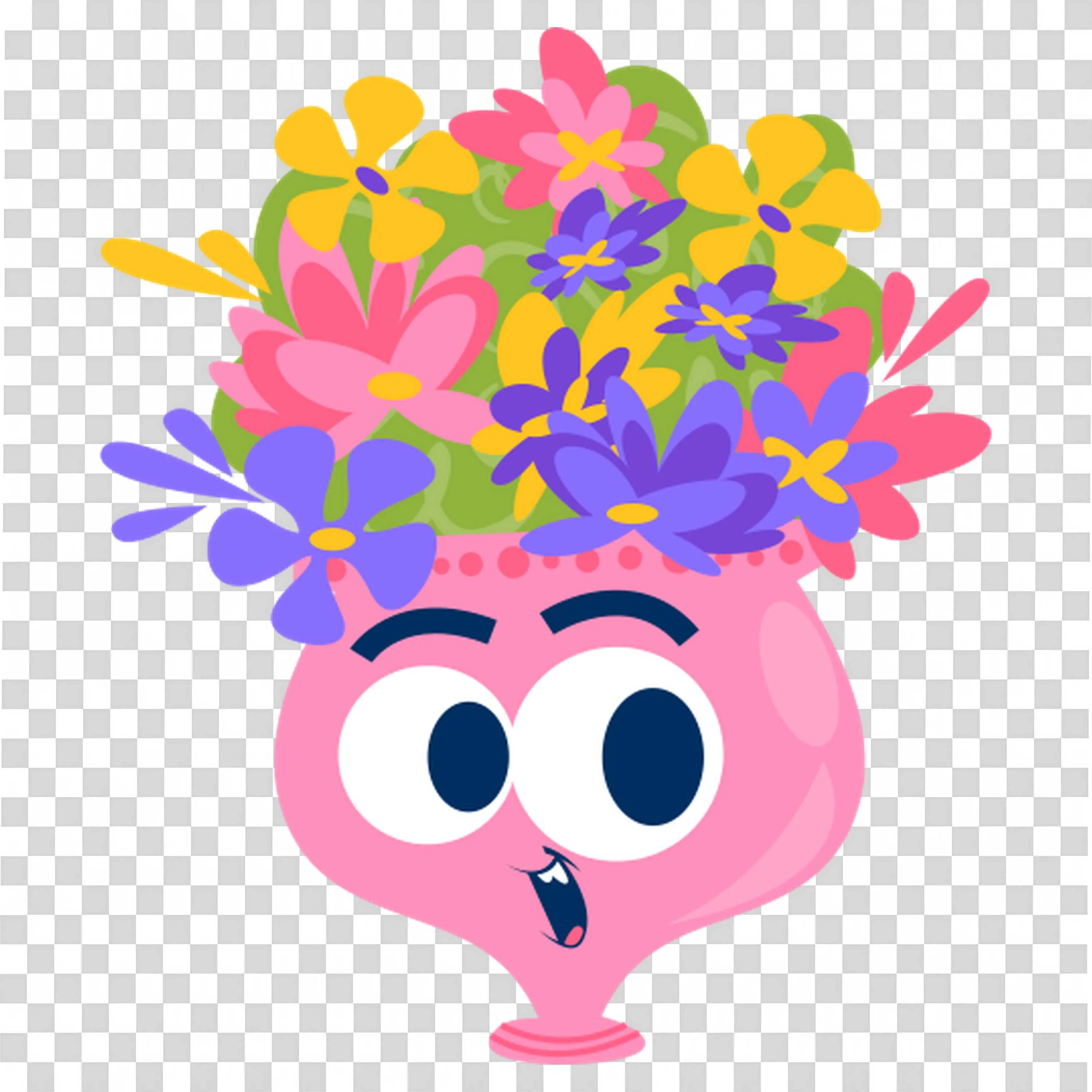 Pink Vase with Happy Face Full Of Fresh Wildflowers