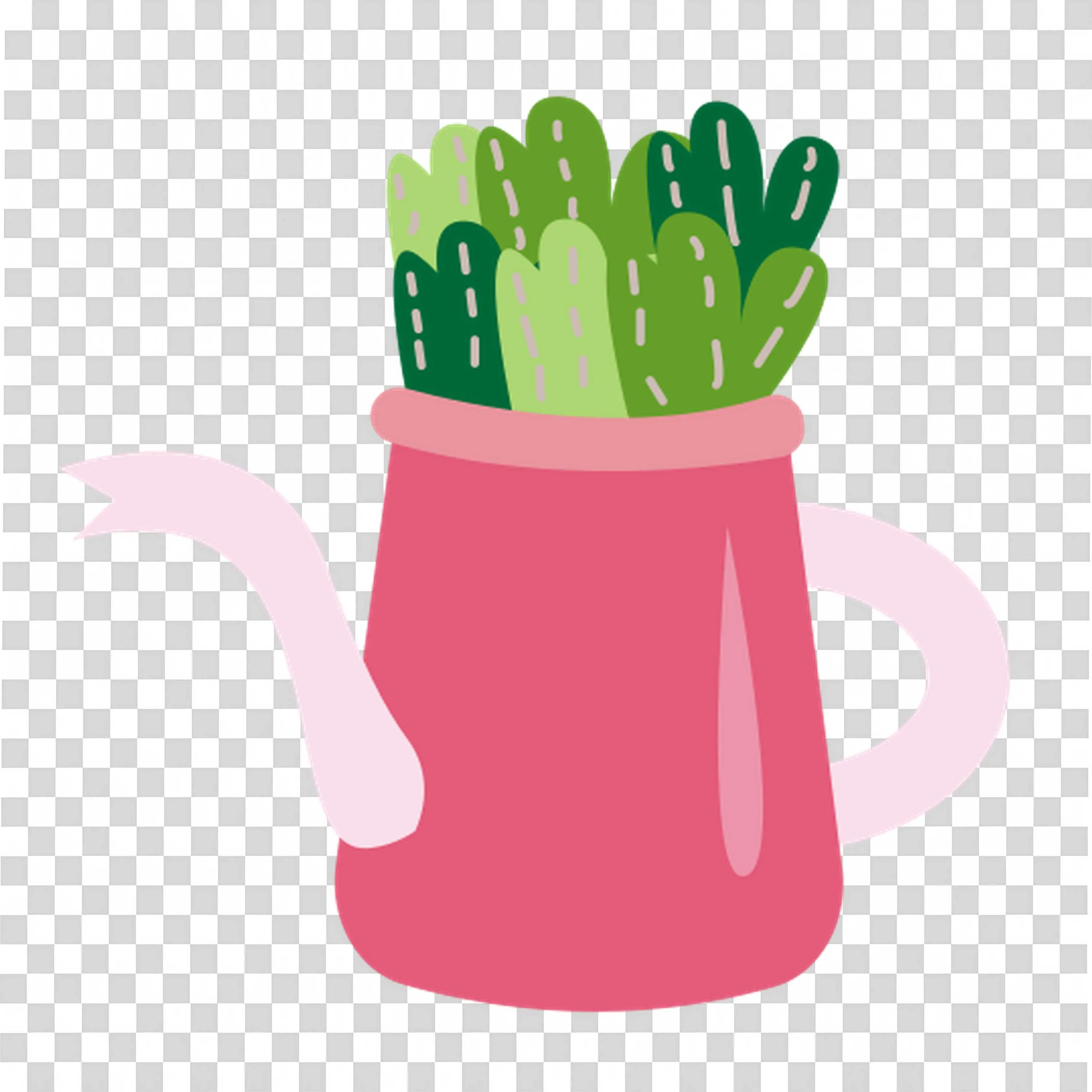 Pink Watering Can with Green Plants Growing Inside