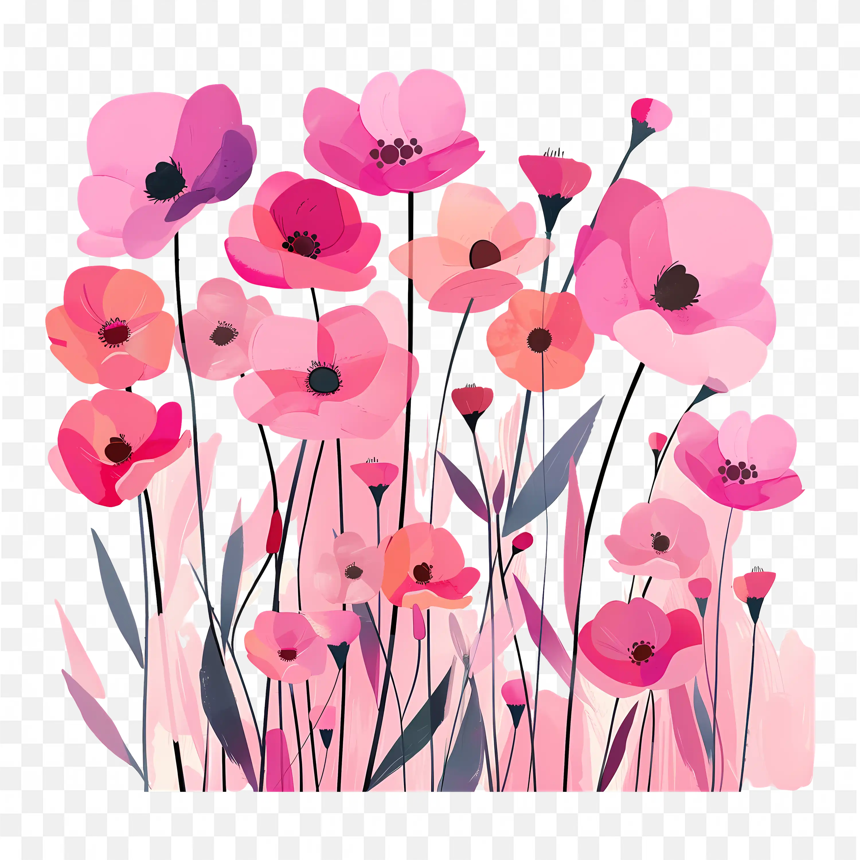 Poppy PNG Pink and Red Flowers Hand Painted Clipart