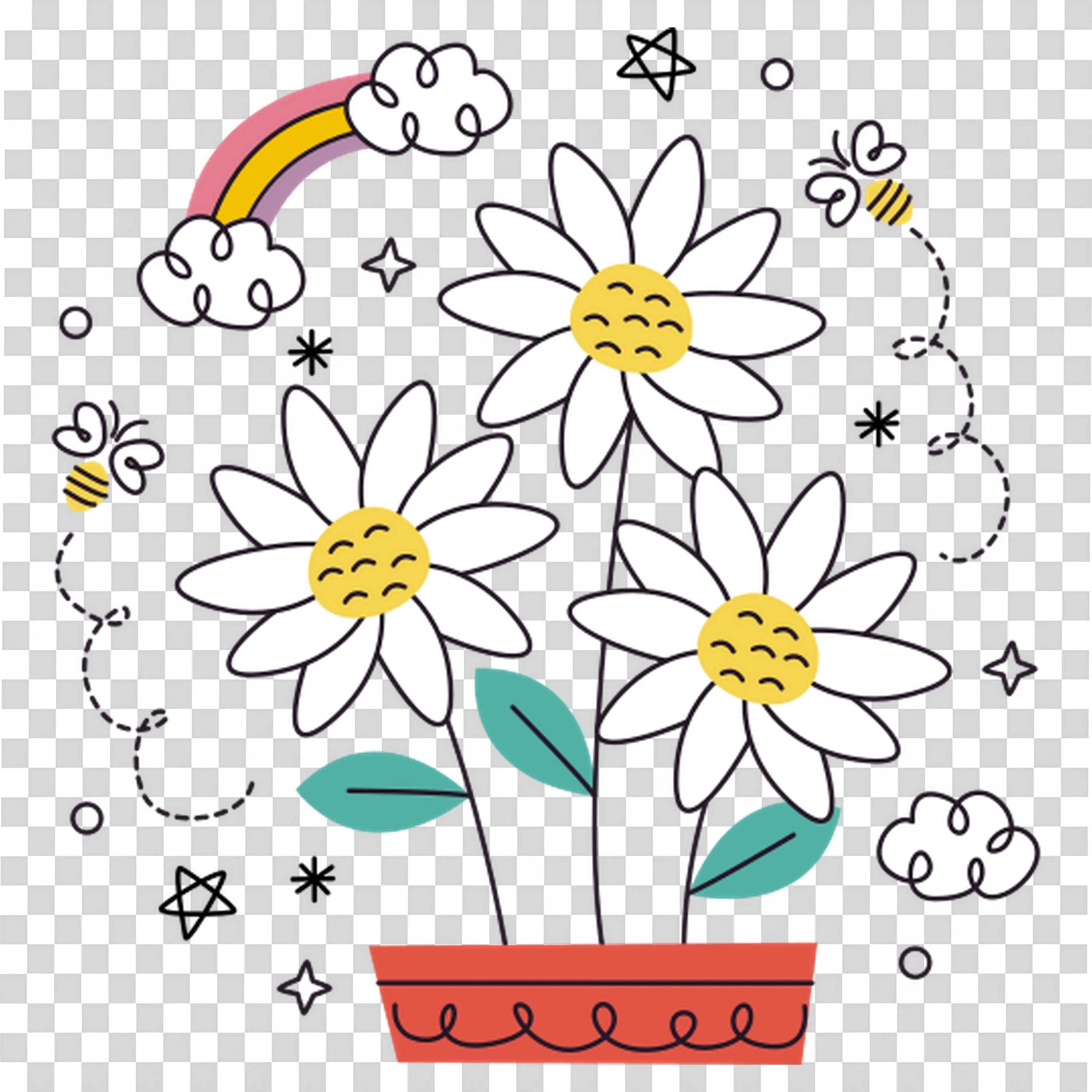 Pot Of Daisy Flowers with Clouds and Rainbow Above
